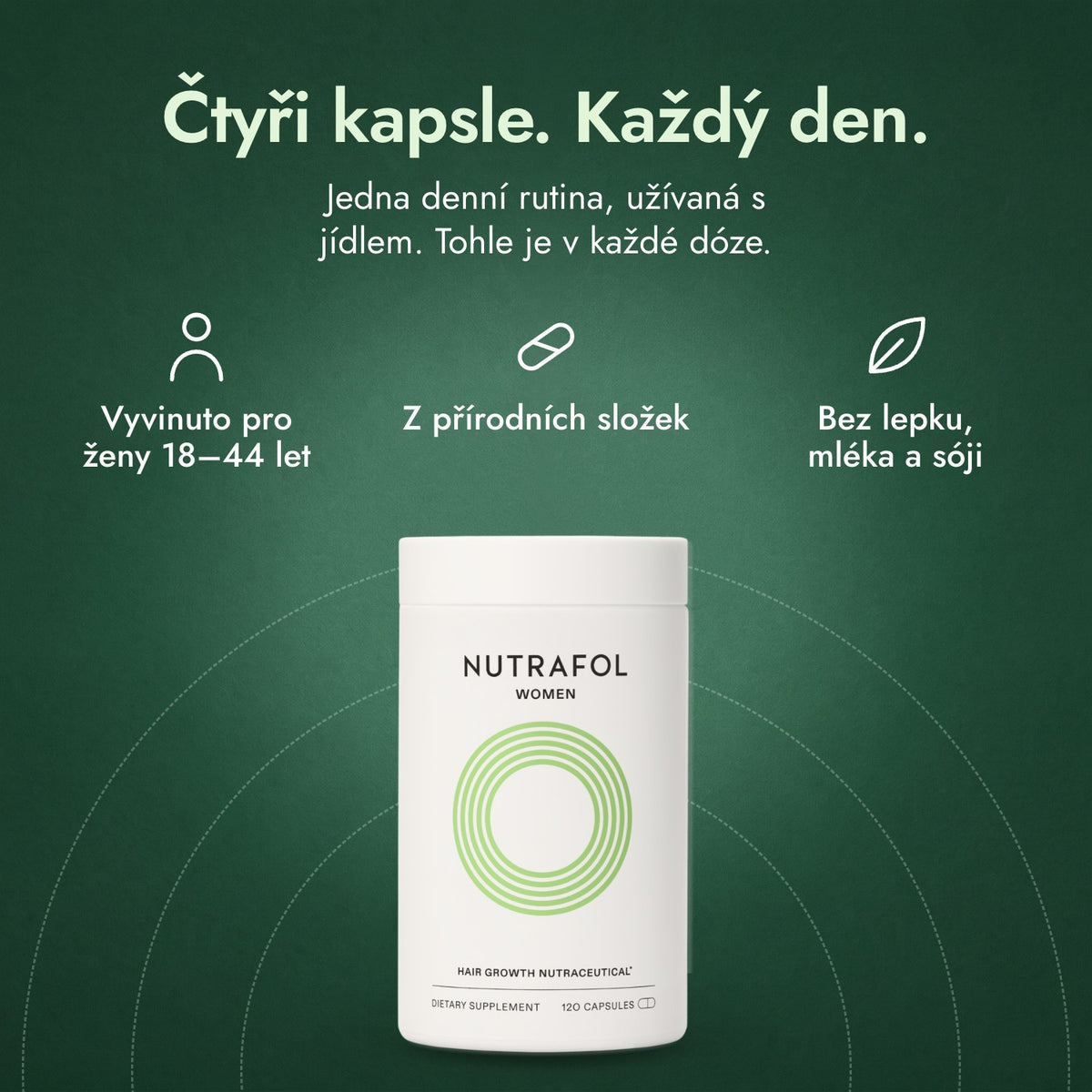 Nutrafol Women: Čtyři kapsle. Každý den. Vyvinuto pro ženy 18–44 let, Z přírodních složek, Bez lepku, mléka a sóji