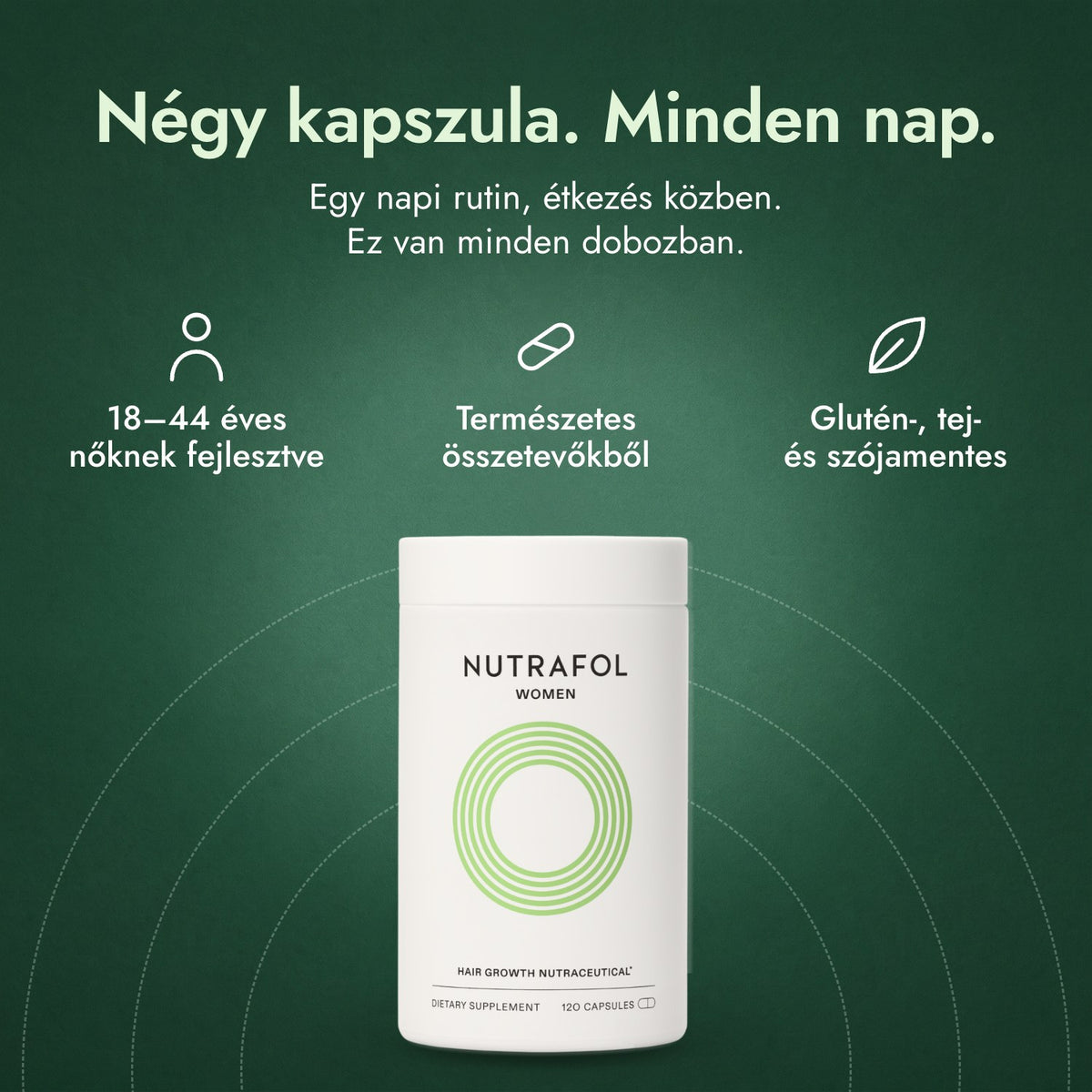 Nutrafol Women: Négy kapszula. Minden nap. 18–44 éves nőknek fejlesztve, Természetes összetevőkből, Glutén-, tej- és szójamentes