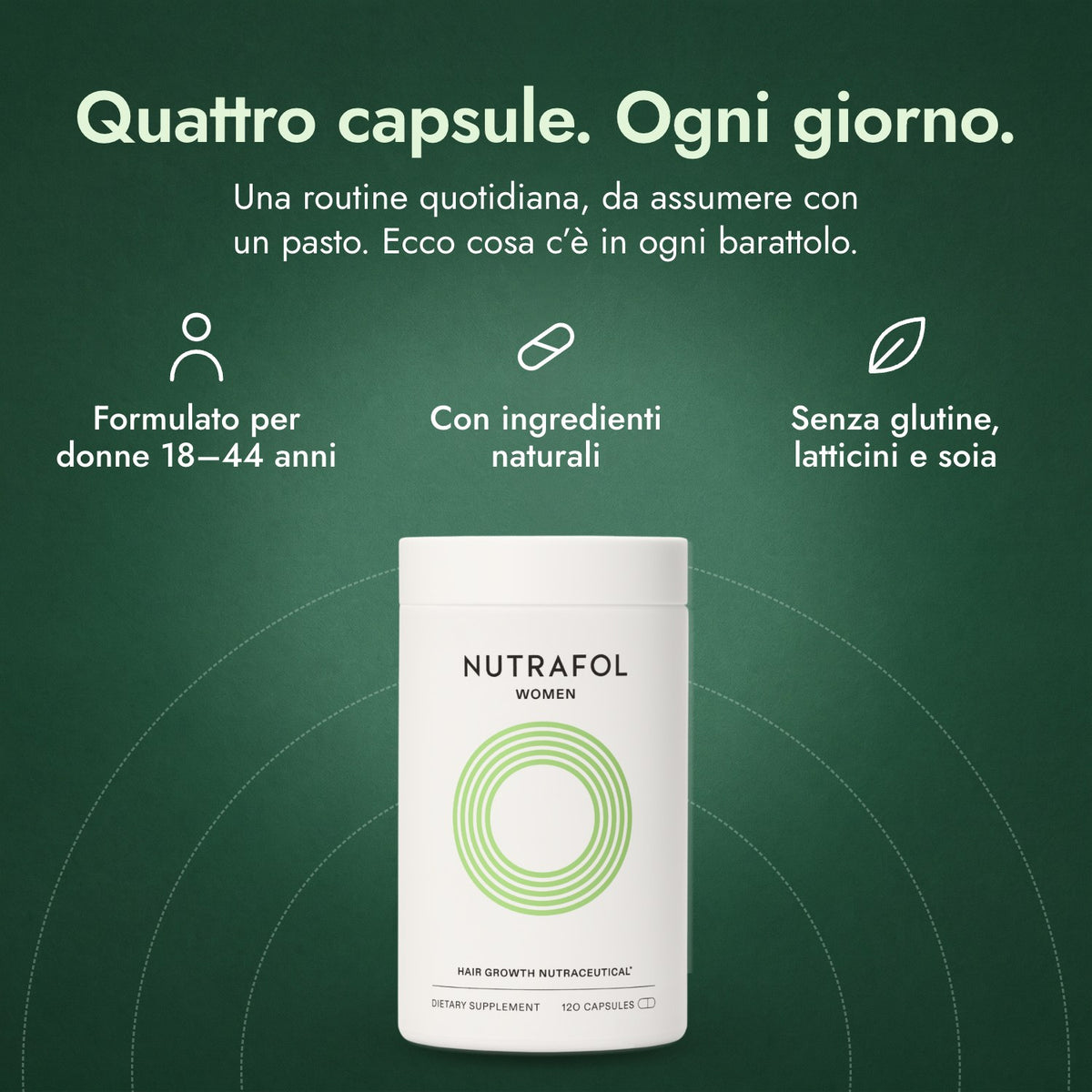 Nutrafol Women: Quattro capsule. Ogni giorno. Formulato per donne 18–44 anni, Con ingredienti naturali, Senza glutine, latticini e soia