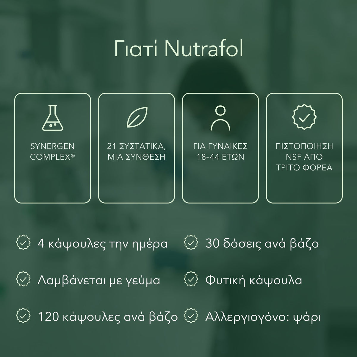 Γιατί Nutrafol: Synergen Complex®, 21 συστατικά, μία σύνθεση, Για γυναίκες 18–44 ετών, Πιστοποίηση NSF από τρίτο φορέα