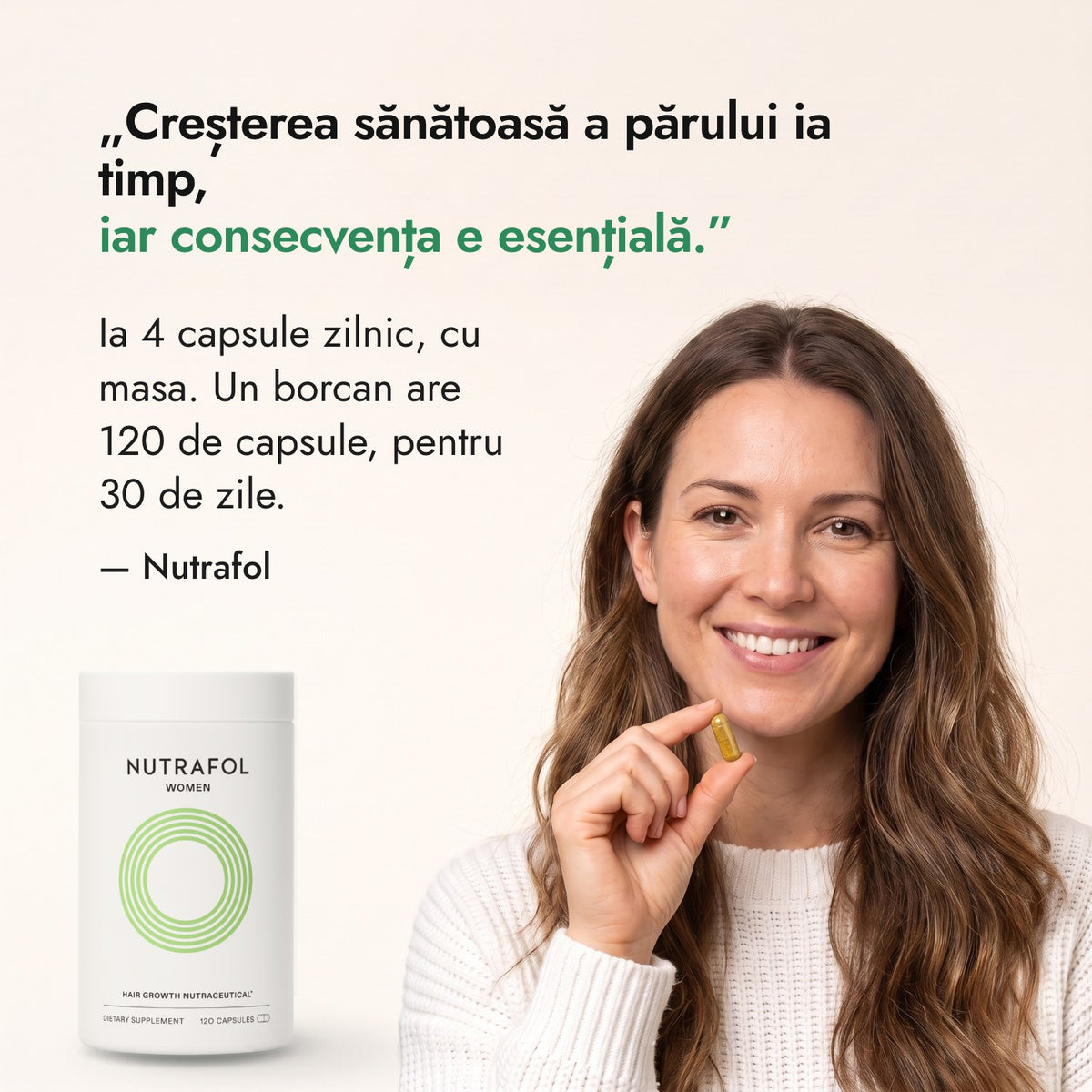 Creșterea sănătoasă a părului ia timp, iar consecvența e esențială. — Nutrafol