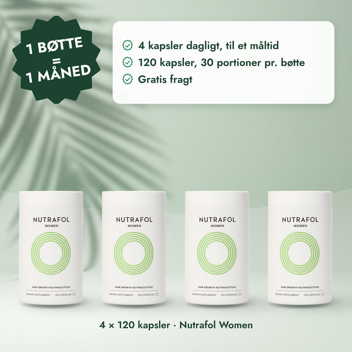 4 × 120 kapsler · Nutrafol Women: 1 bøtte = 1 måned