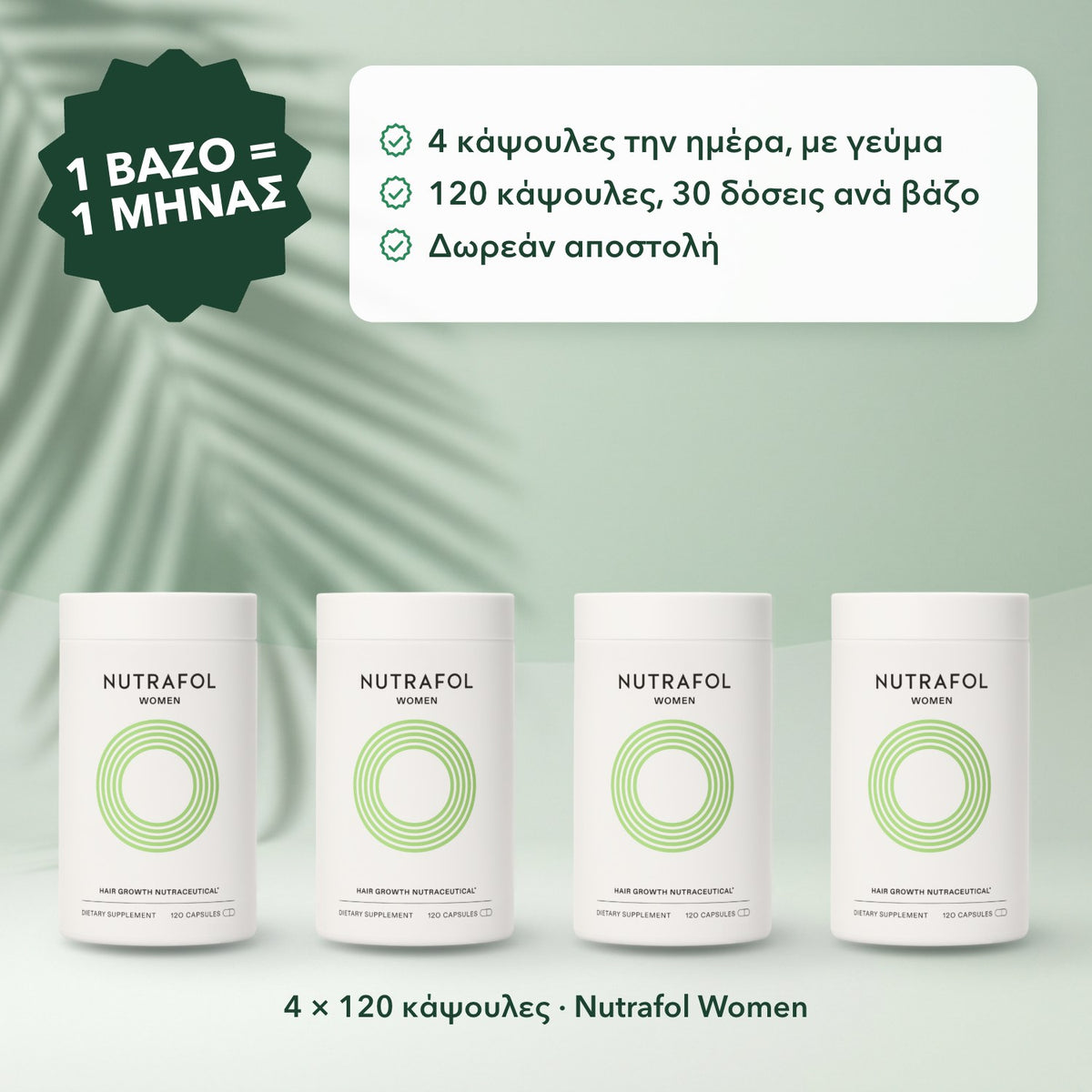 4 × 120 κάψουλες · Nutrafol Women: 1 βάζο = 1 μήνας