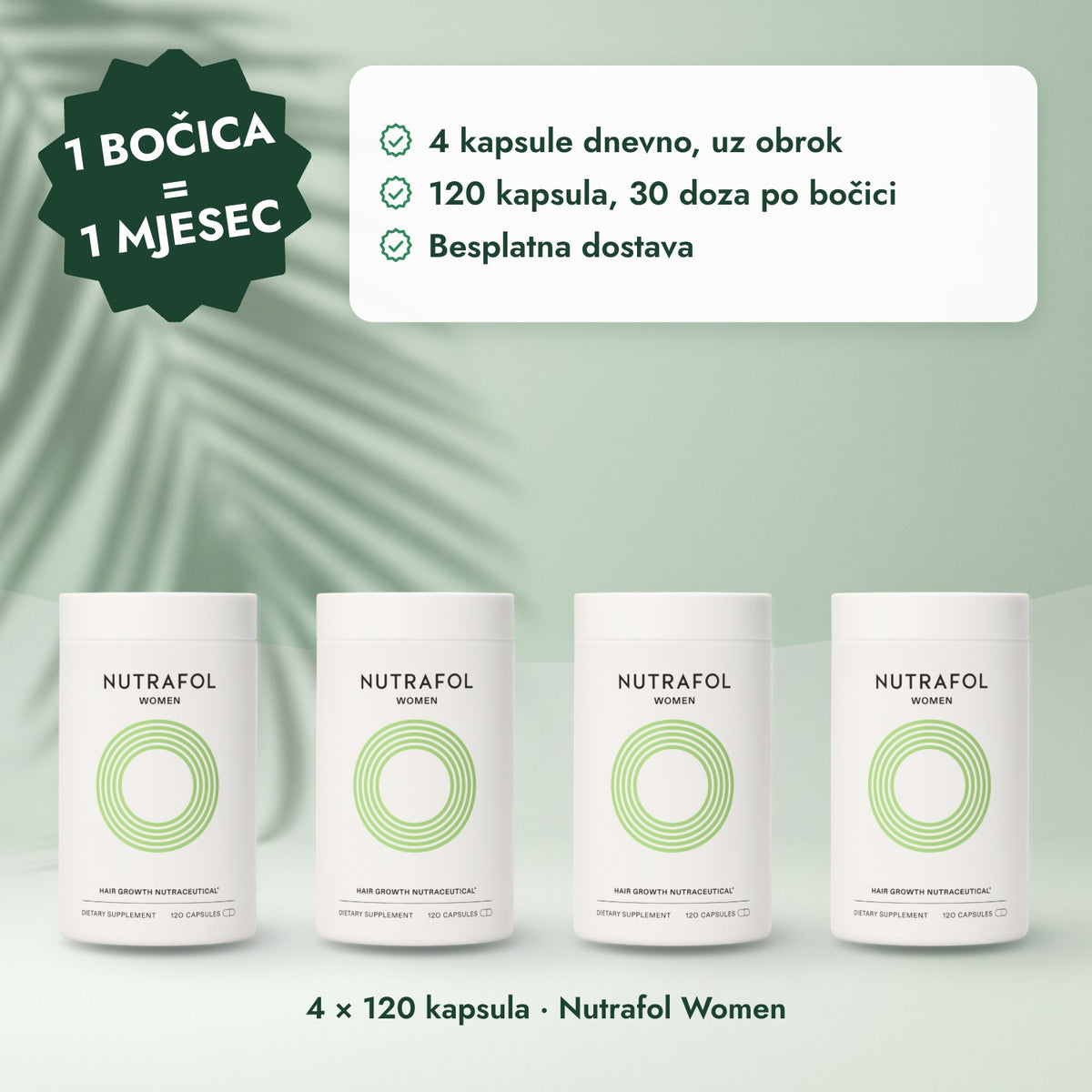 4 × 120 kapsula · Nutrafol Women: 1 bočica = 1 mjesec