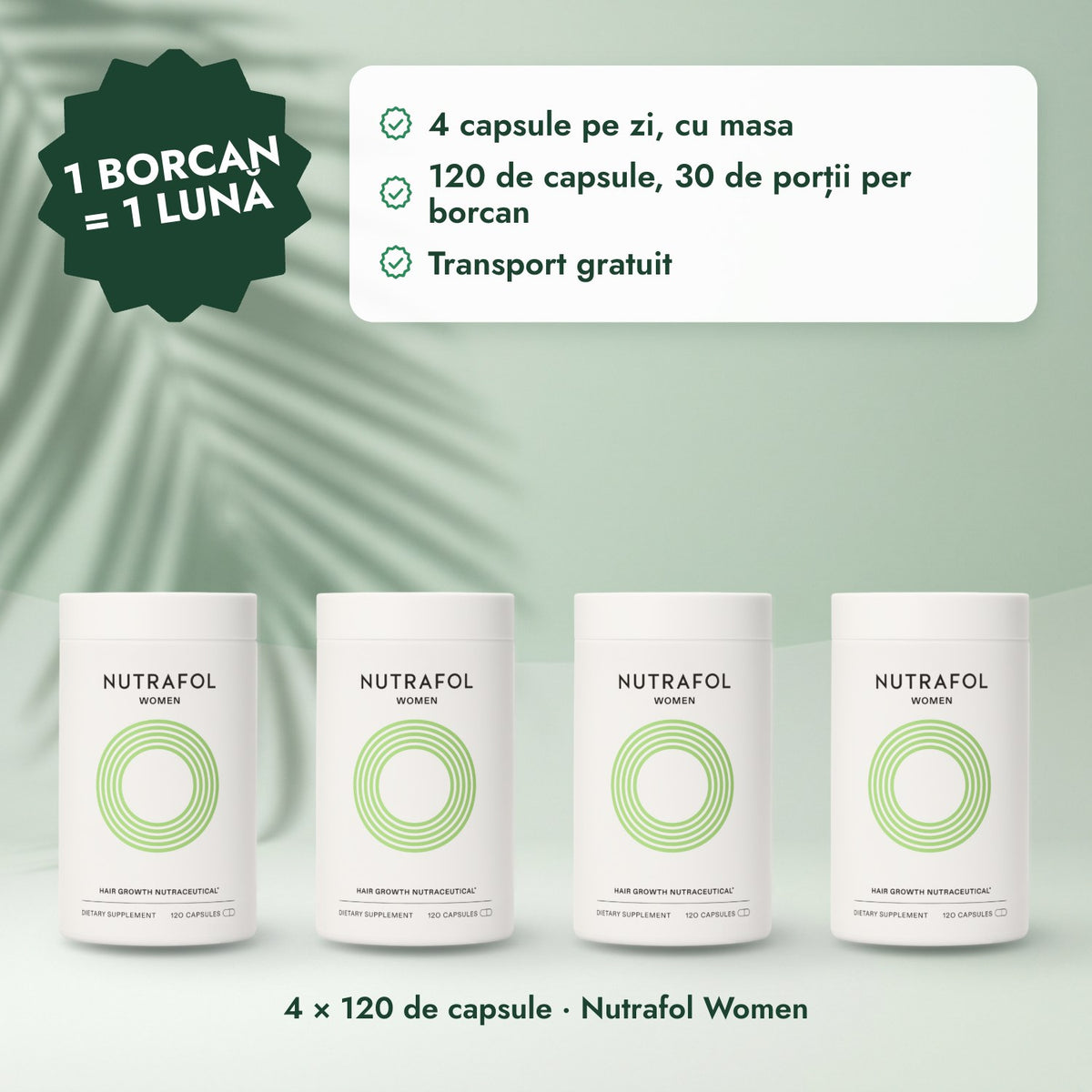 4 × 120 de capsule · Nutrafol Women: 1 borcan = 1 lună