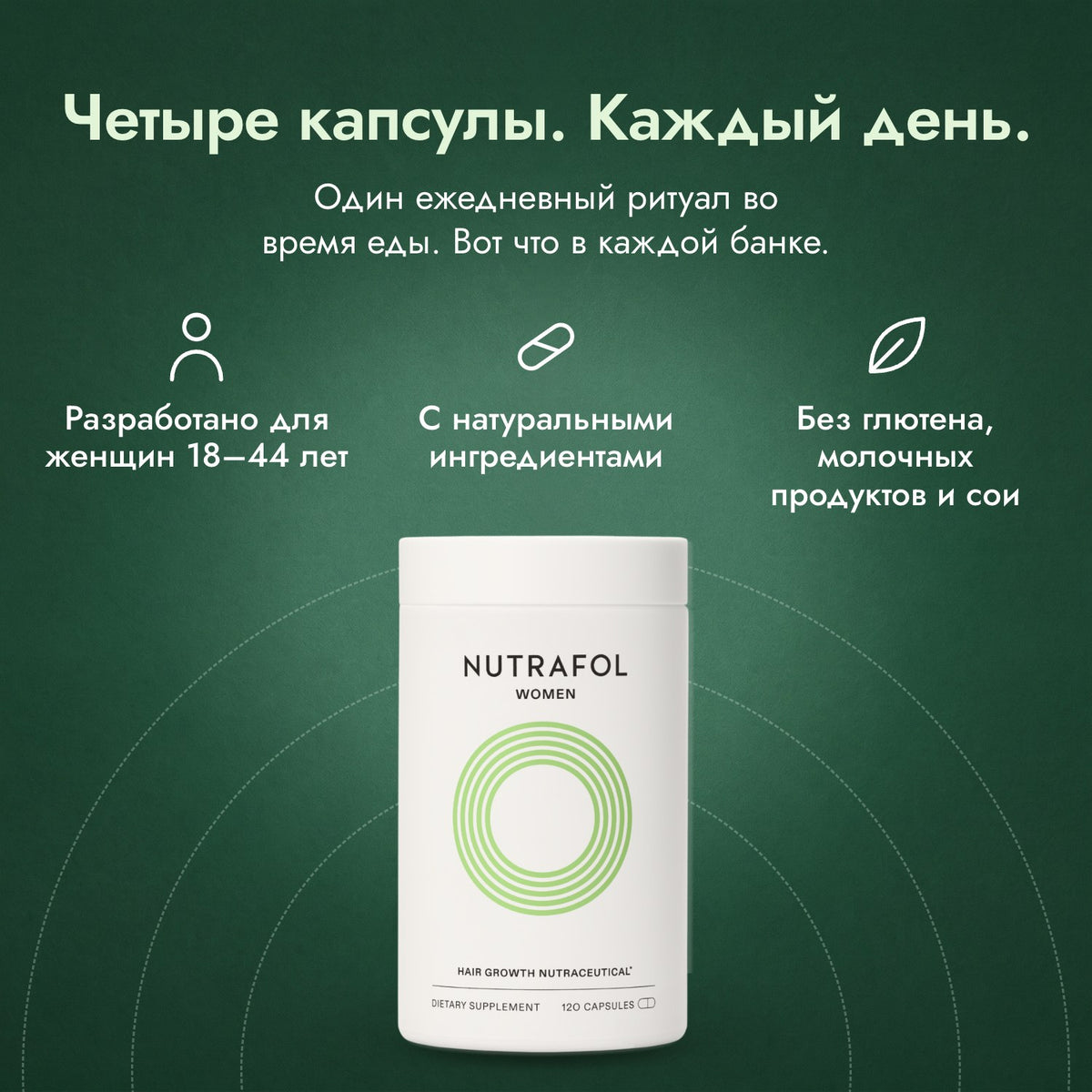Nutrafol Women: Четыре капсулы. Каждый день. Разработано для женщин 18–44 лет, С натуральными ингредиентами, Без глютена, молочных продуктов и сои
