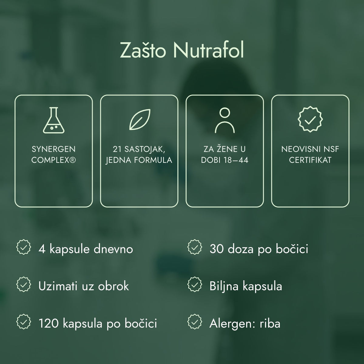 Zašto Nutrafol: Synergen Complex®, 21 sastojak, jedna formula, Za žene u dobi 18–44, Neovisni NSF certifikat