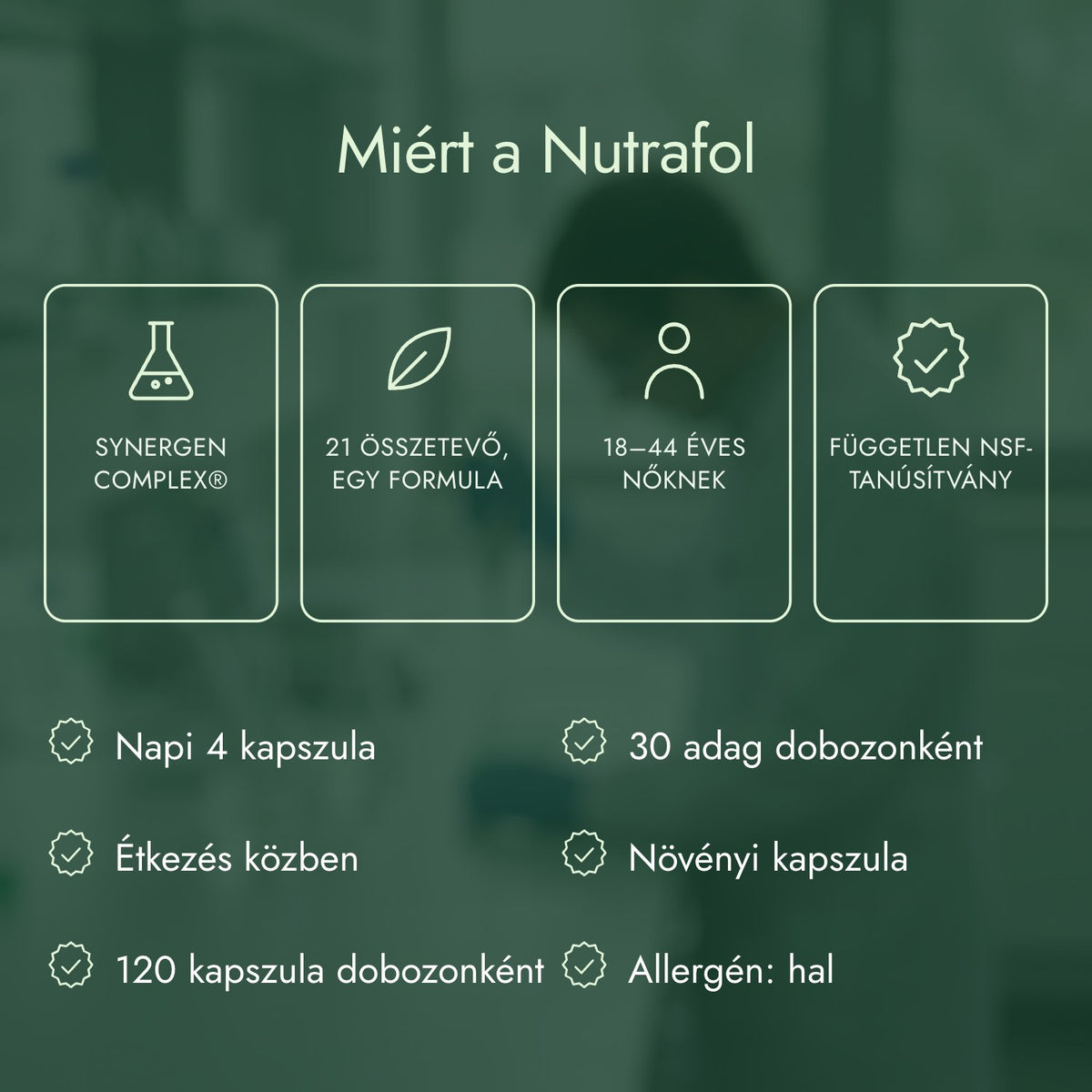 Miért a Nutrafol: Synergen Complex®, 21 összetevő, egy formula, 18–44 éves nőknek, Független NSF-tanúsítvány