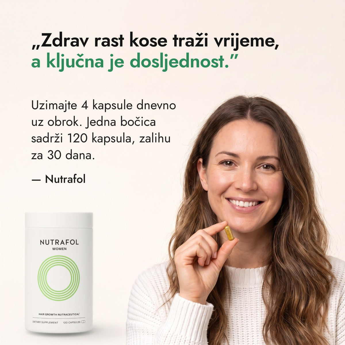 Zdrav rast kose traži vrijeme, a ključna je dosljednost. — Nutrafol