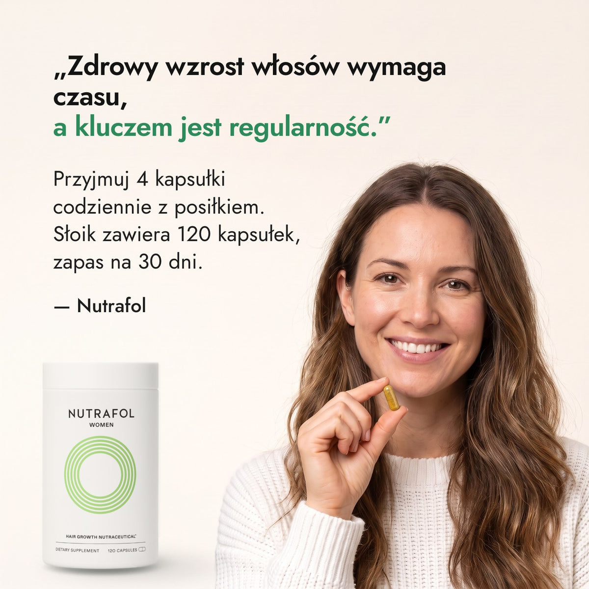 Zdrowy wzrost włosów wymaga czasu, a kluczem jest regularność. — Nutrafol