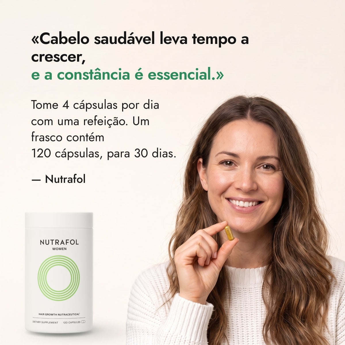 Cabelo saudável leva tempo a crescer, e a constância é essencial. — Nutrafol