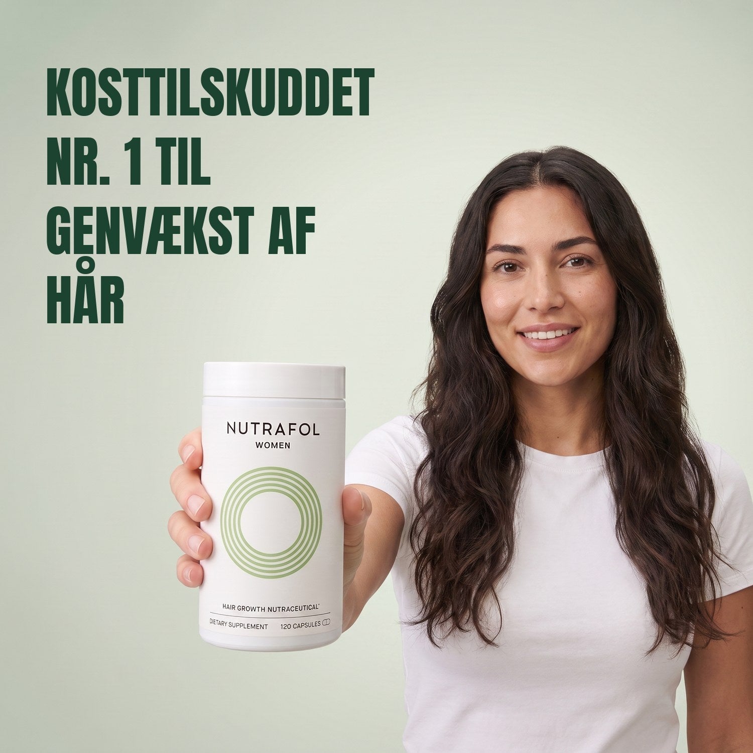 Woman holding the Nutrafol for Women 18-44 supplement box against a green background