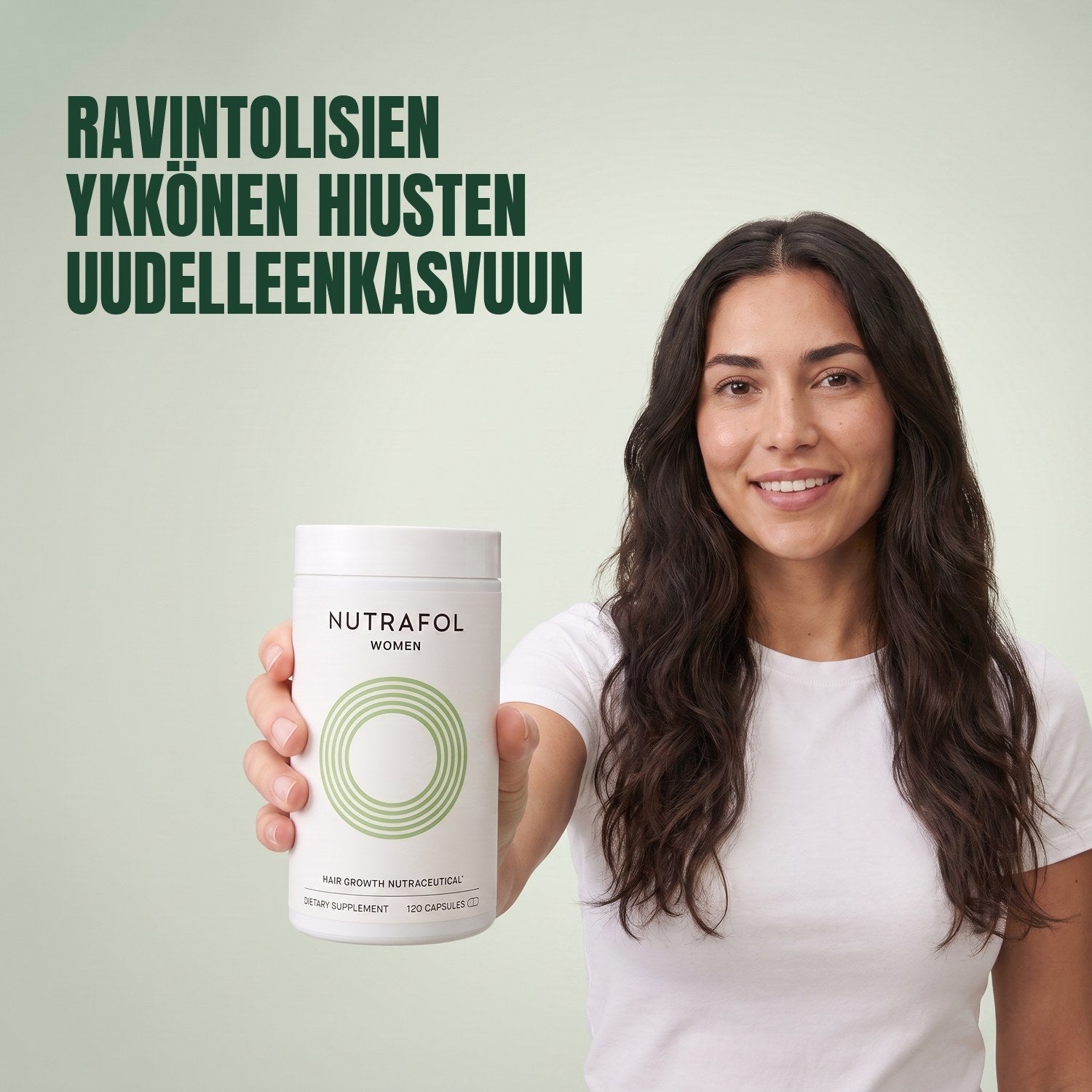 Woman holding the Nutrafol for Women 18-44 supplement box against a green background