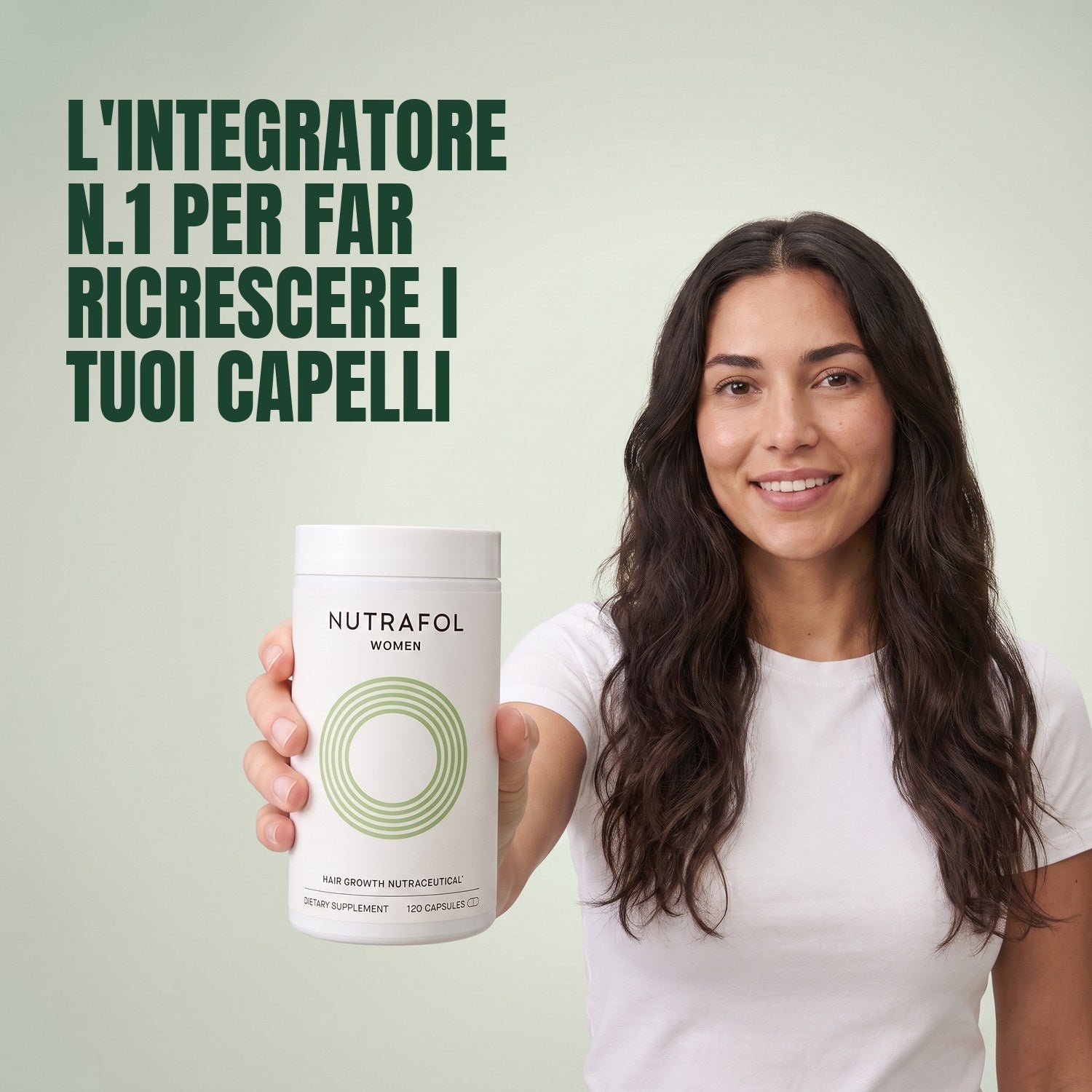 Woman holding the Nutrafol for Women 18-44 supplement box against a green background