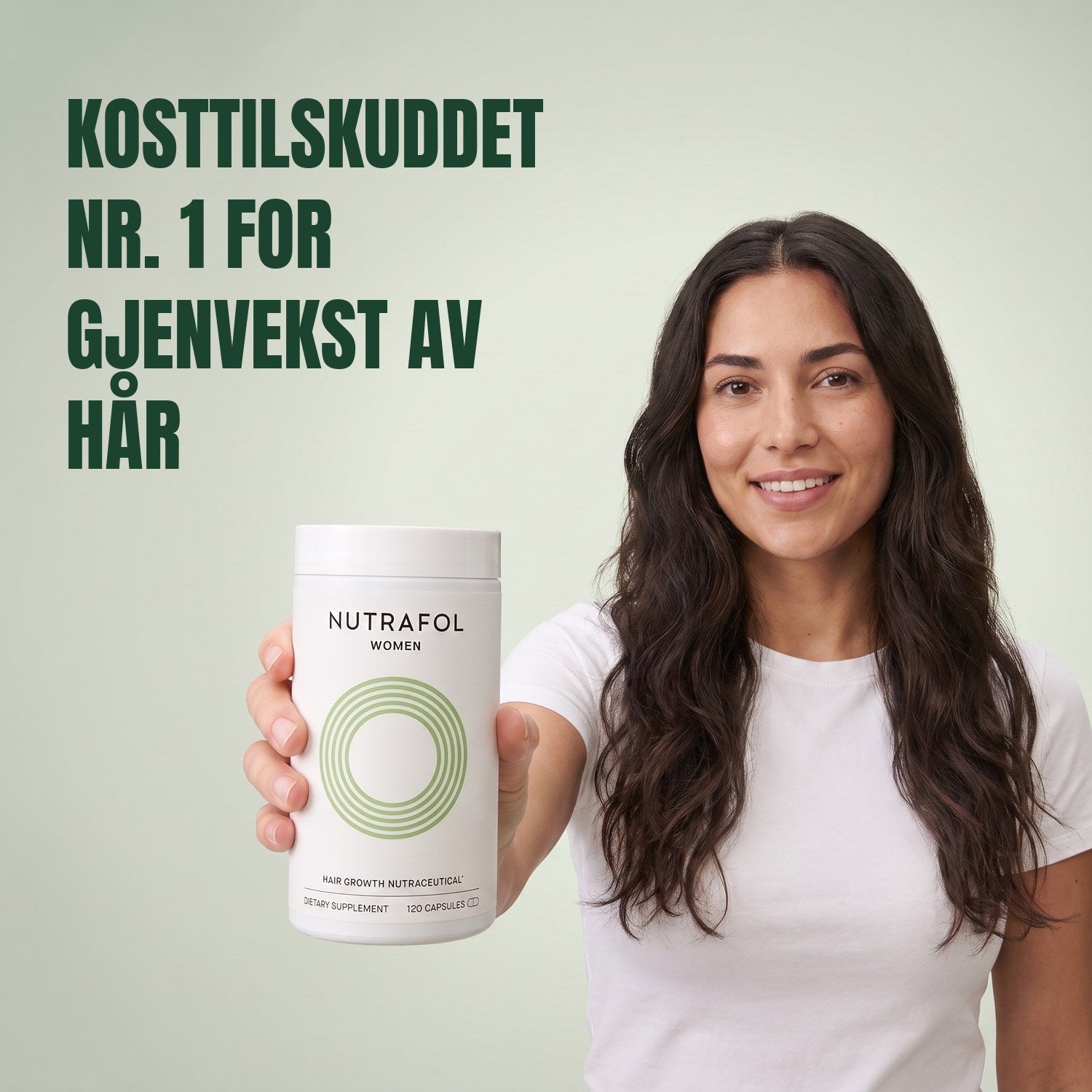Woman holding the Nutrafol for Women 18-44 supplement box against a green background