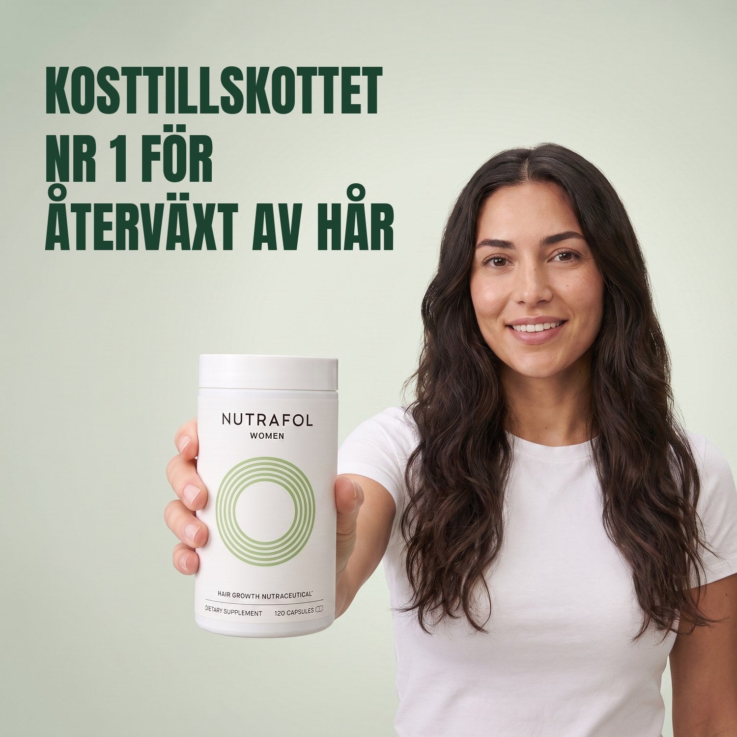 Woman holding the Nutrafol for Women 18-44 supplement box against a green background