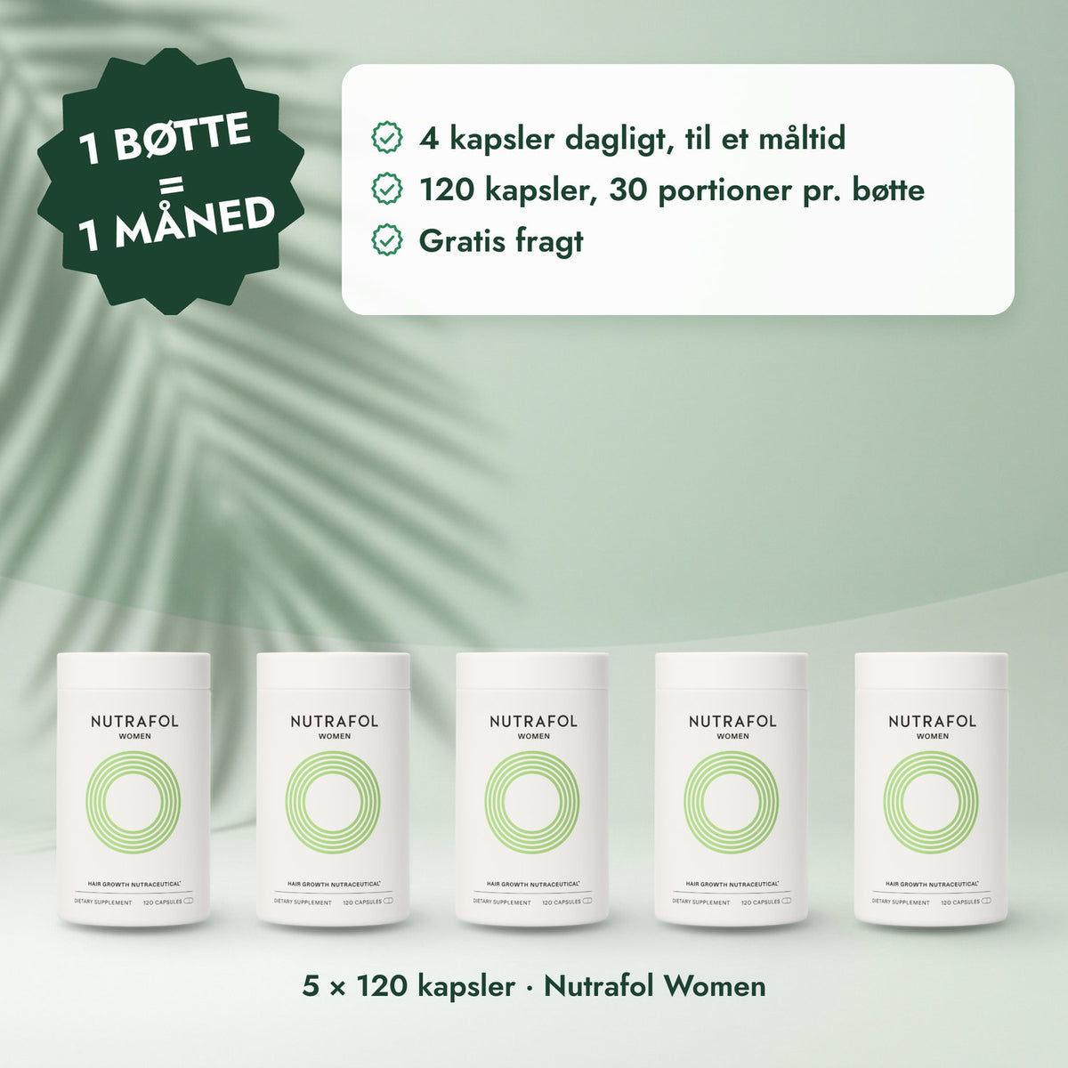 5 × 120 kapsler · Nutrafol Women: 1 bøtte = 1 måned