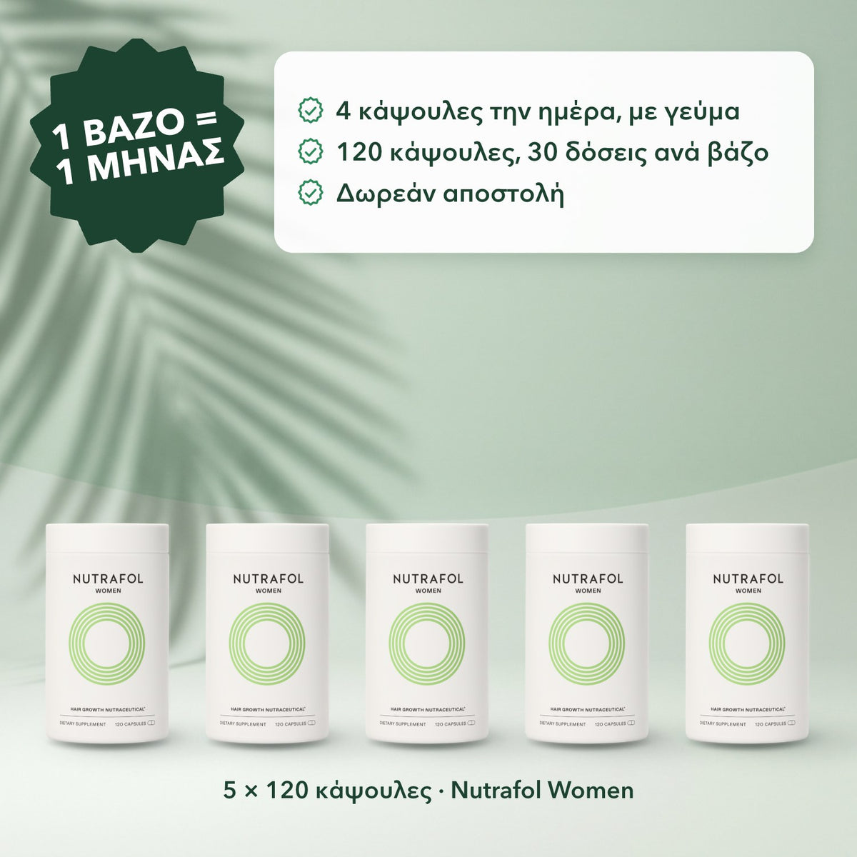 5 × 120 κάψουλες · Nutrafol Women: 1 βάζο = 1 μήνας