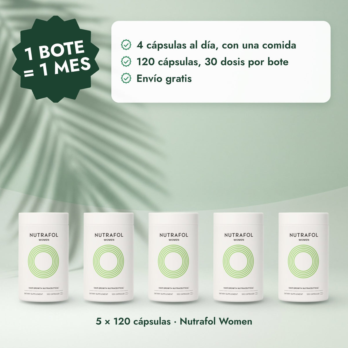5 × 120 cápsulas · Nutrafol Women: 1 bote = 1 mes