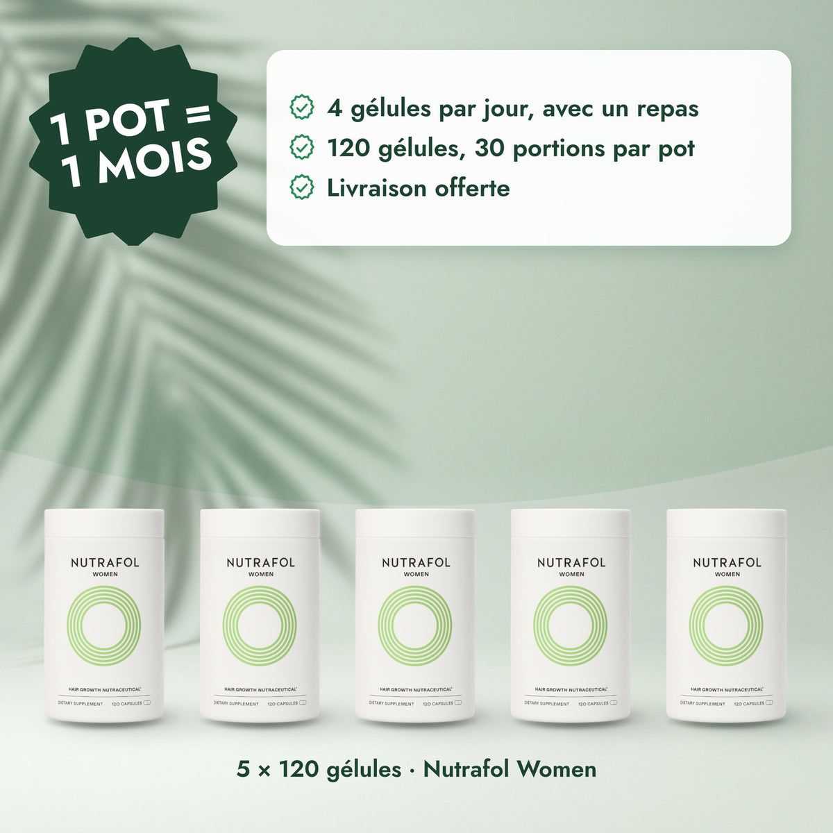 5 × 120 gélules · Nutrafol Women: 1 pot = 1 mois