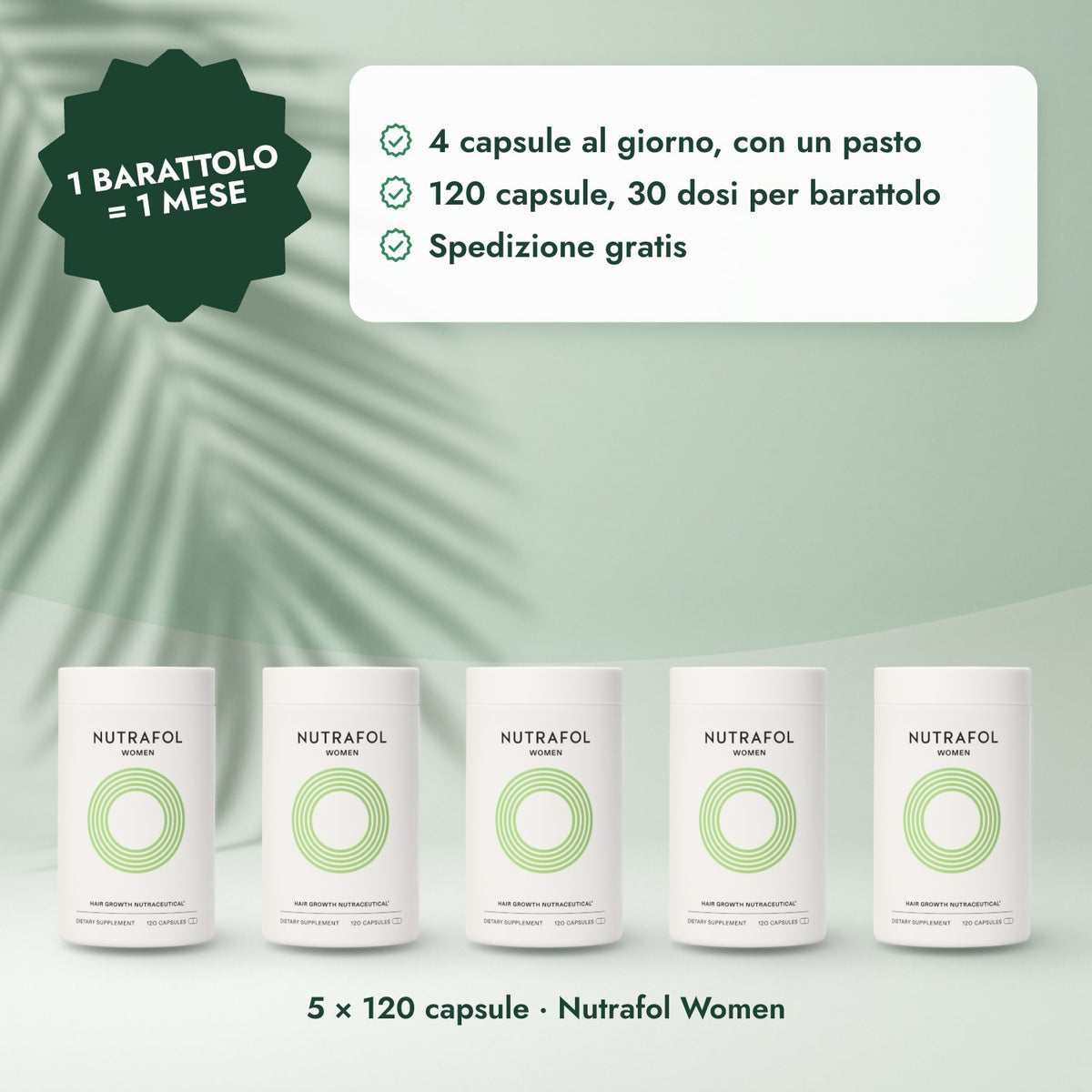 5 × 120 capsule · Nutrafol Women: 1 barattolo = 1 mese