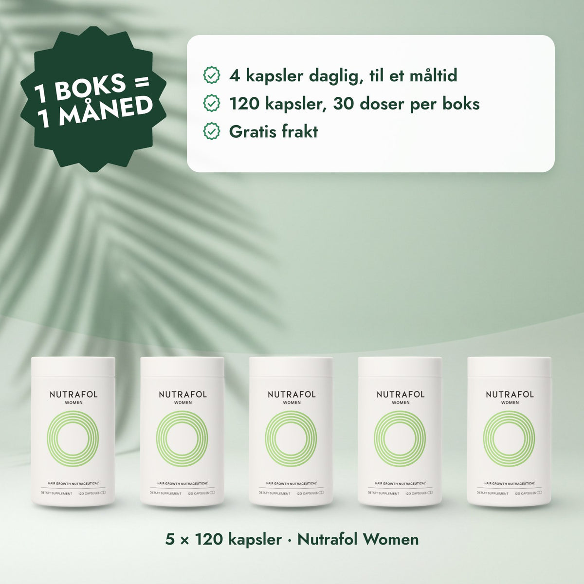 5 × 120 kapsler · Nutrafol Women: 1 boks = 1 måned