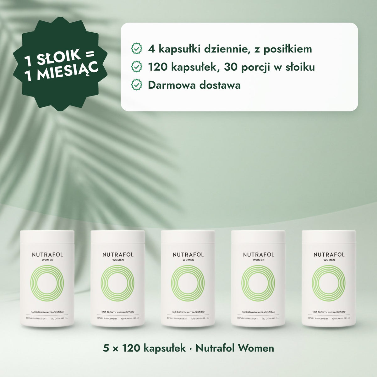5 × 120 kapsułek · Nutrafol Women: 1 słoik = 1 miesiąc