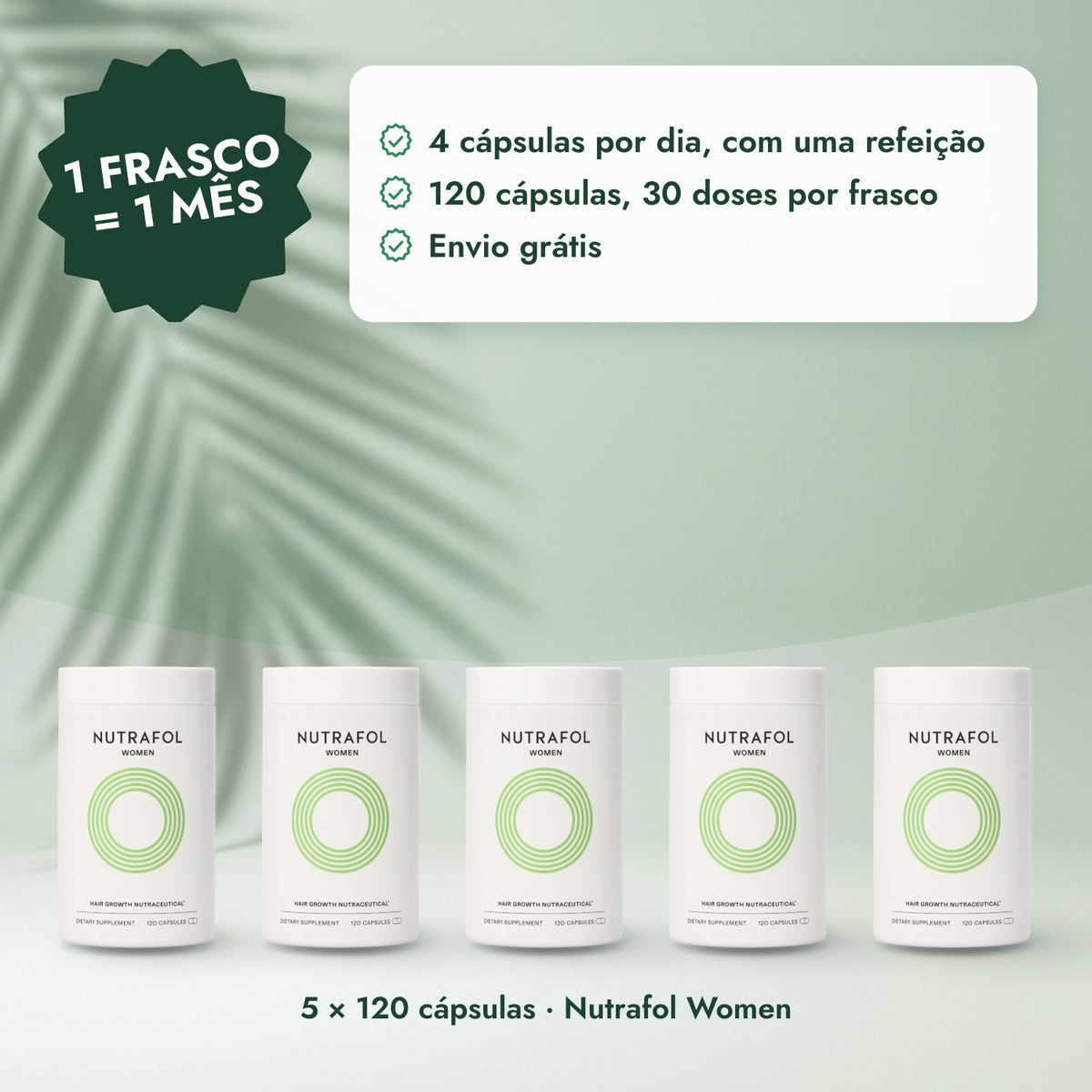 5 × 120 cápsulas · Nutrafol Women: 1 frasco = 1 mês