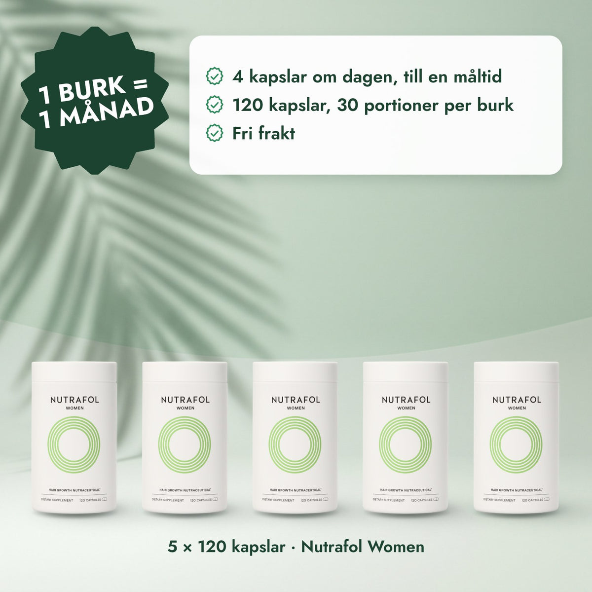 5 × 120 kapslar · Nutrafol Women: 1 burk = 1 månad