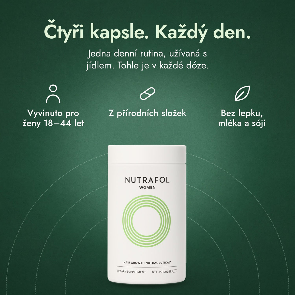 Nutrafol Women: Čtyři kapsle. Každý den. Vyvinuto pro ženy 18–44 let, Z přírodních složek, Bez lepku, mléka a sóji