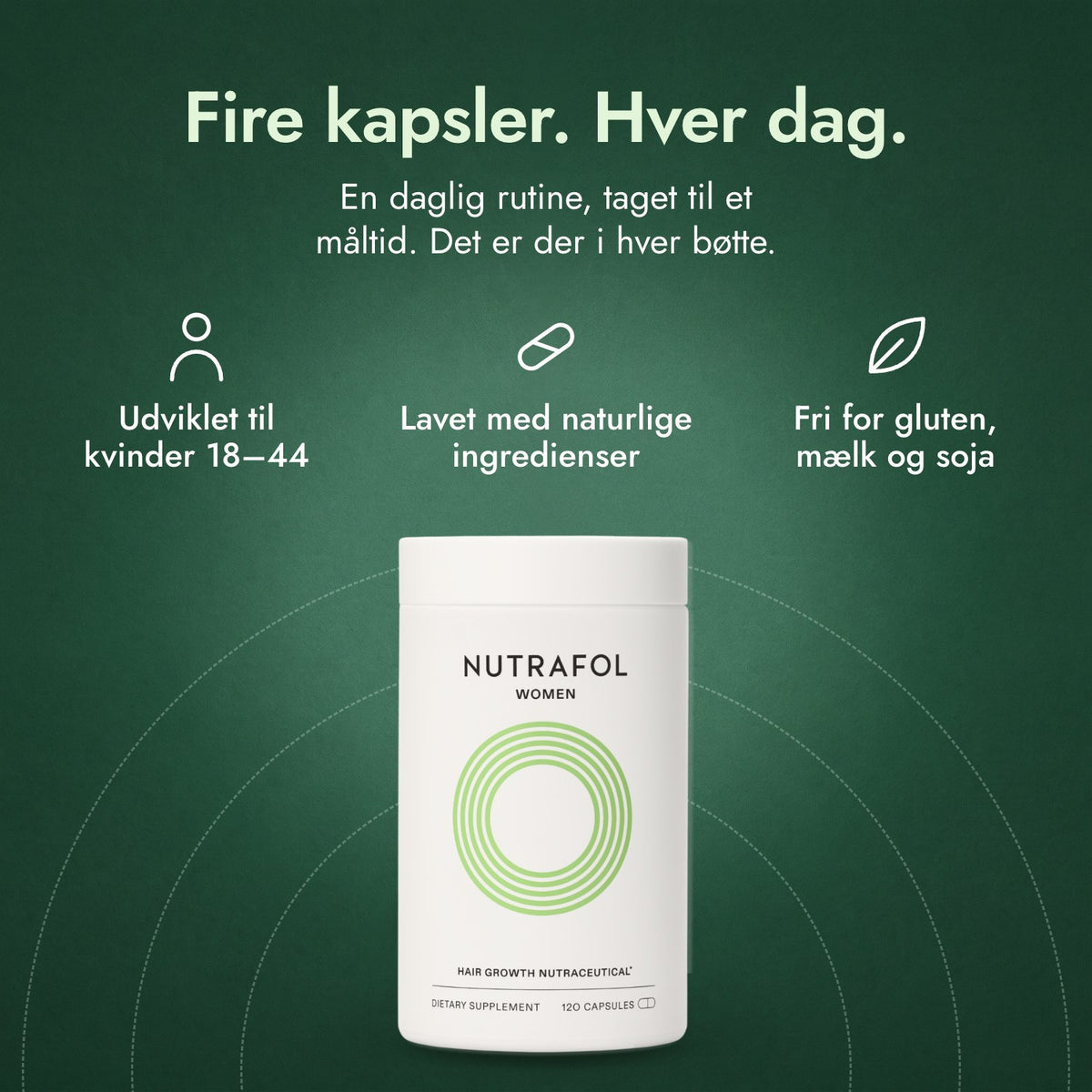 Nutrafol Women: Fire kapsler. Hver dag. Udviklet til kvinder 18–44, Lavet med naturlige ingredienser, Fri for gluten, mælk og soja