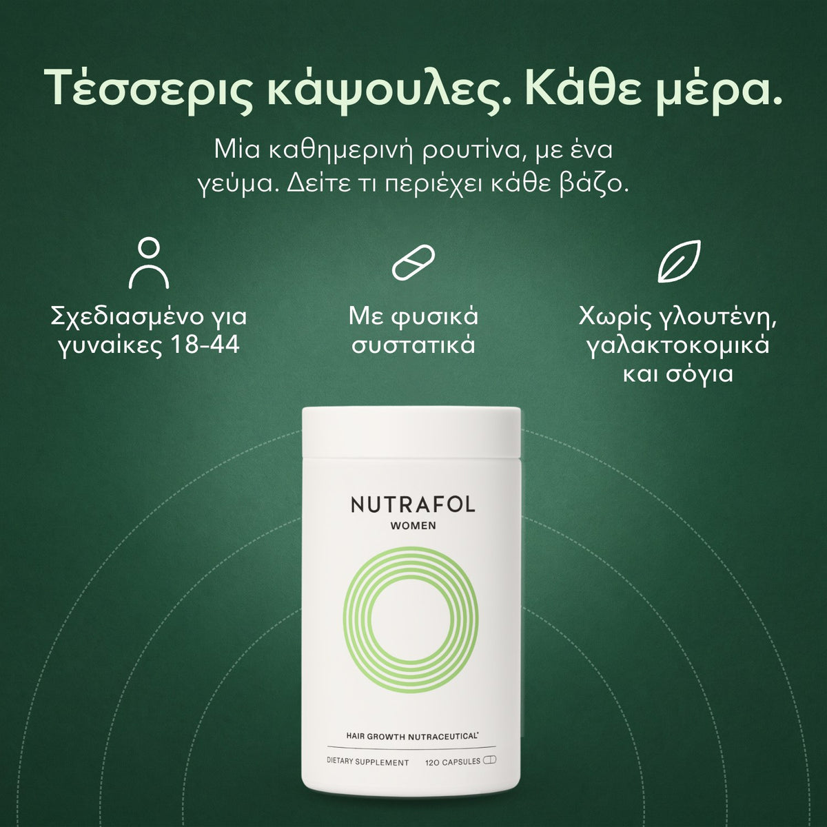 Nutrafol Women: Τέσσερις κάψουλες. Κάθε μέρα. Σχεδιασμένο για γυναίκες 18–44, Με φυσικά συστατικά, Χωρίς γλουτένη, γαλακτοκομικά και σόγια