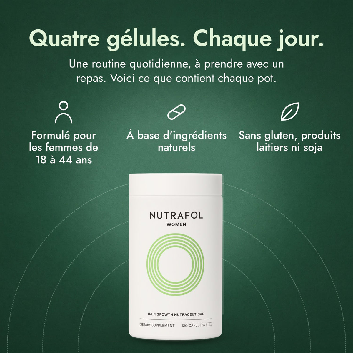 Nutrafol Women: Quatre gélules. Chaque jour. Formulé pour les femmes de 18 à 44 ans, À base d'ingrédients naturels, Sans gluten, produits laitiers ni soja