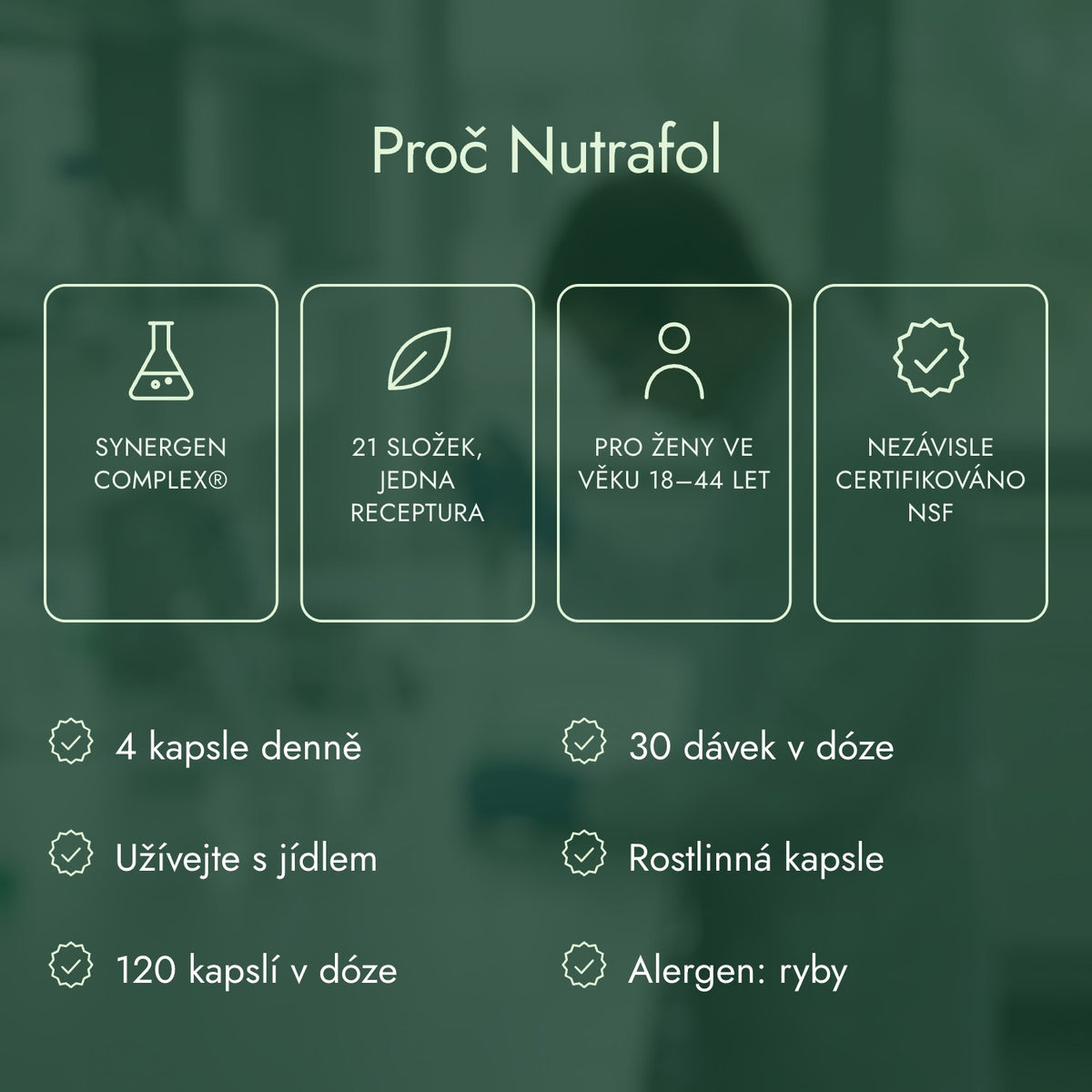 Proč Nutrafol: Synergen Complex®, 21 složek, jedna receptura, Pro ženy ve věku 18–44 let, Nezávisle certifikováno NSF