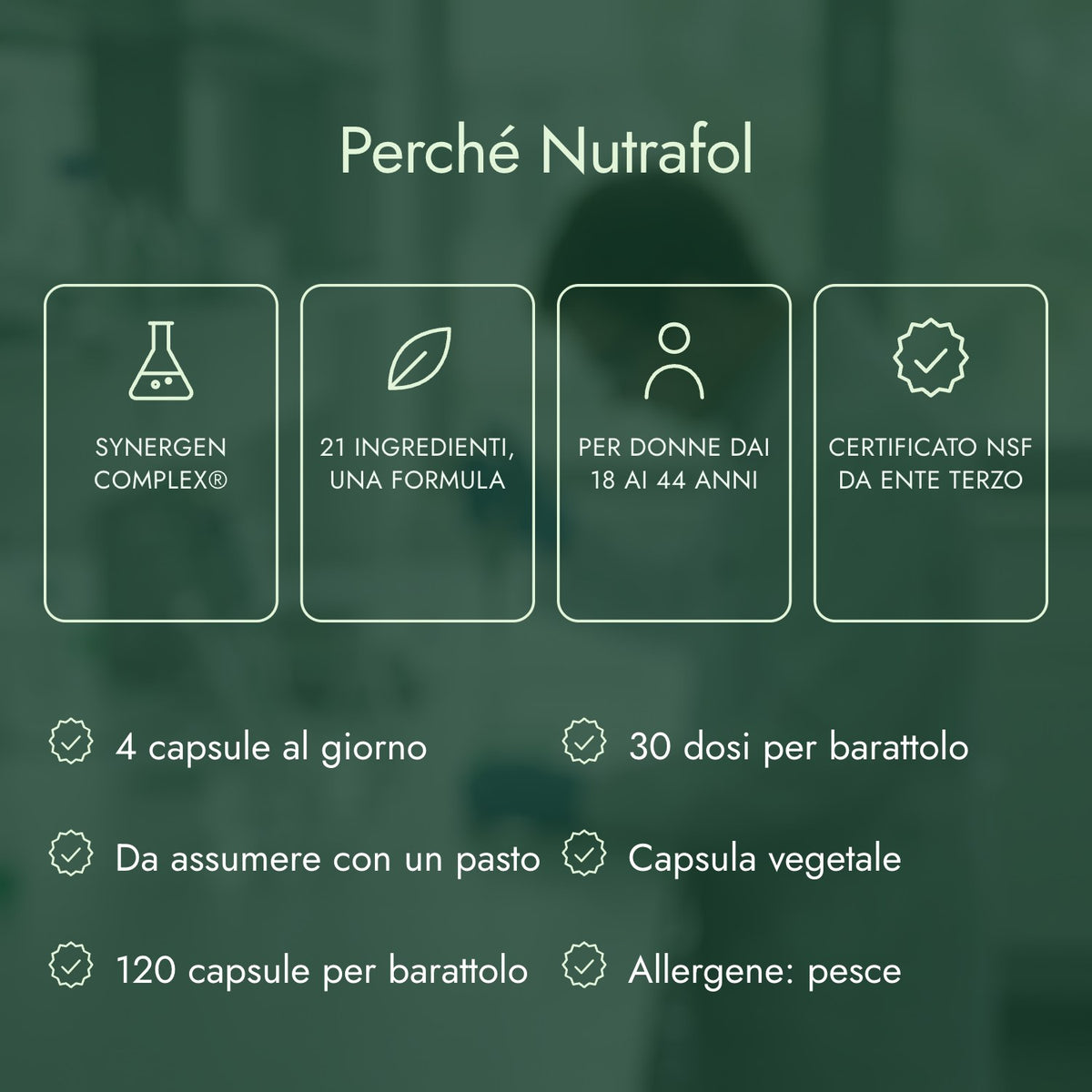 Perché Nutrafol: Synergen Complex®, 21 ingredienti, una formula, Per donne dai 18 ai 44 anni, Certificato NSF da ente terzo