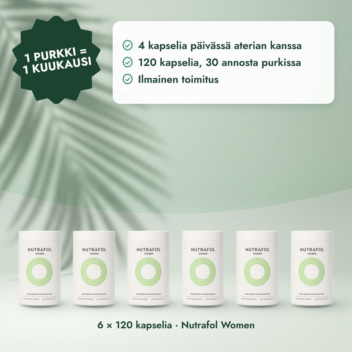 6 × 120 kapselia · Nutrafol Women: 1 purkki = 1 kuukausi