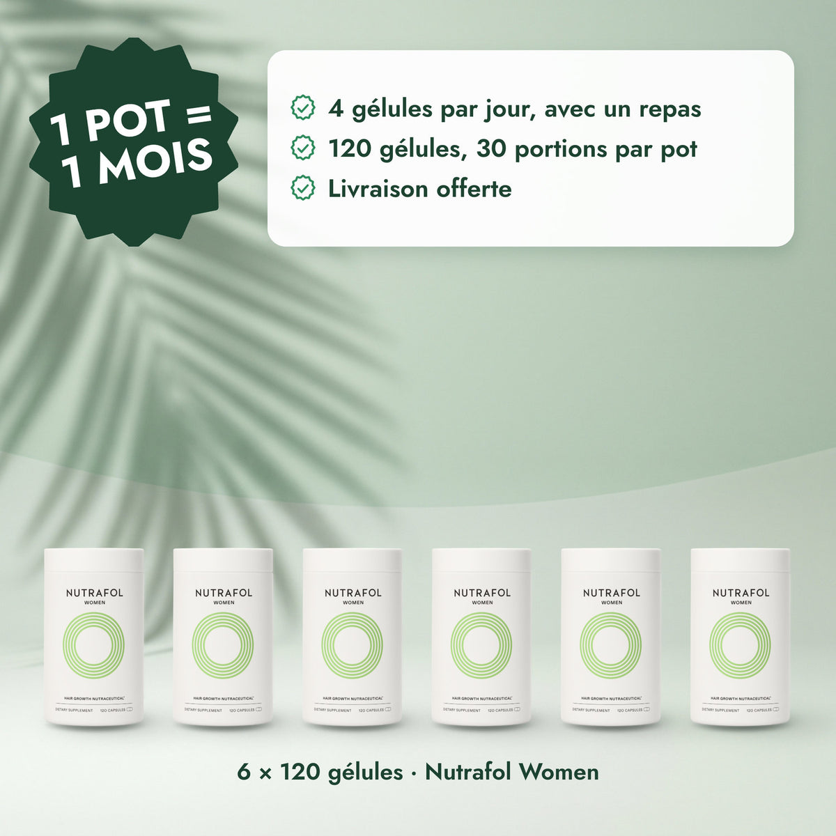 6 × 120 gélules · Nutrafol Women: 1 pot = 1 mois