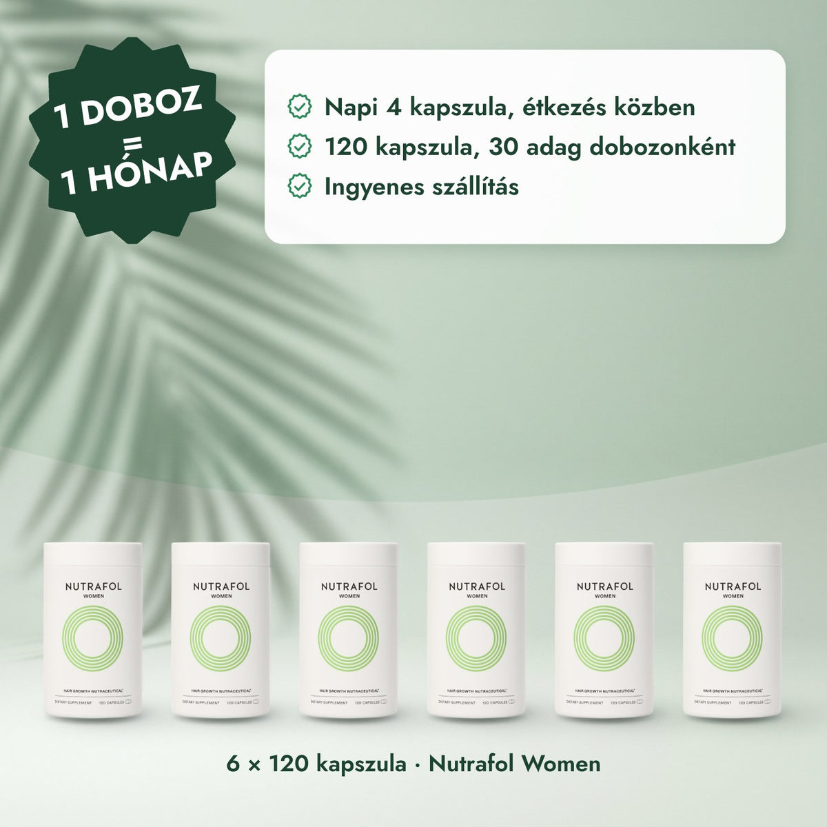 6 × 120 kapszula · Nutrafol Women: 1 doboz = 1 hónap