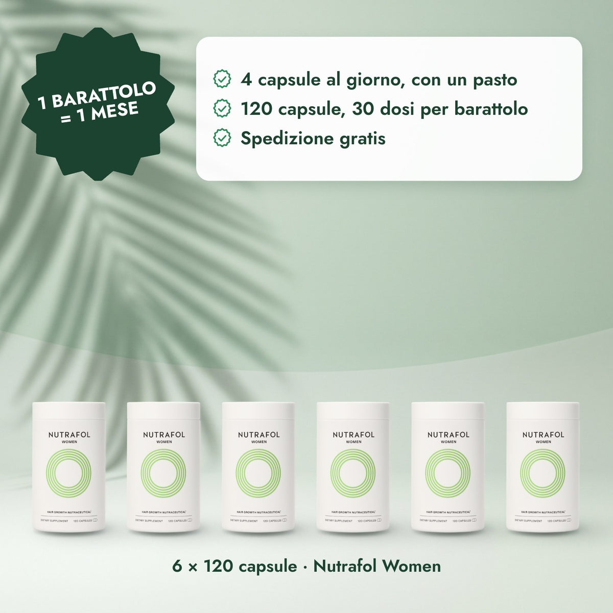 6 × 120 capsule · Nutrafol Women: 1 barattolo = 1 mese