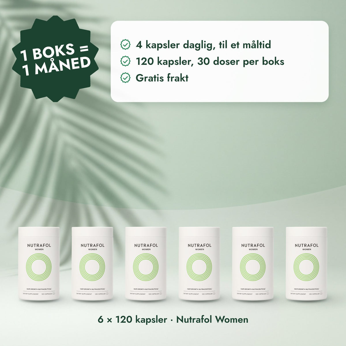 6 × 120 kapsler · Nutrafol Women: 1 boks = 1 måned