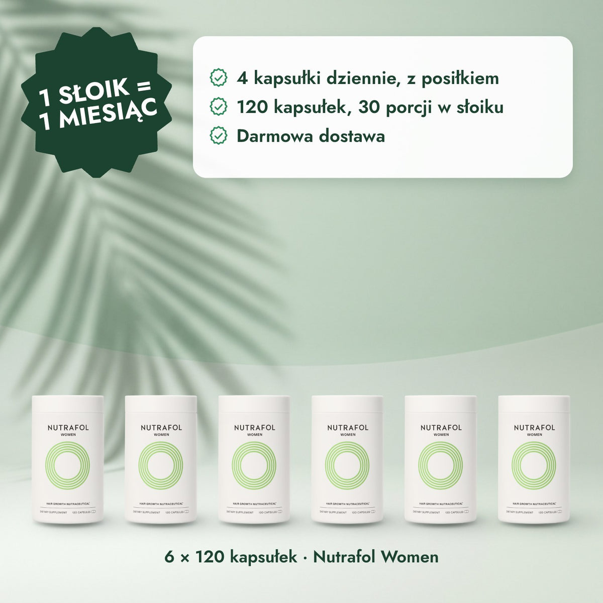 6 × 120 kapsułek · Nutrafol Women: 1 słoik = 1 miesiąc