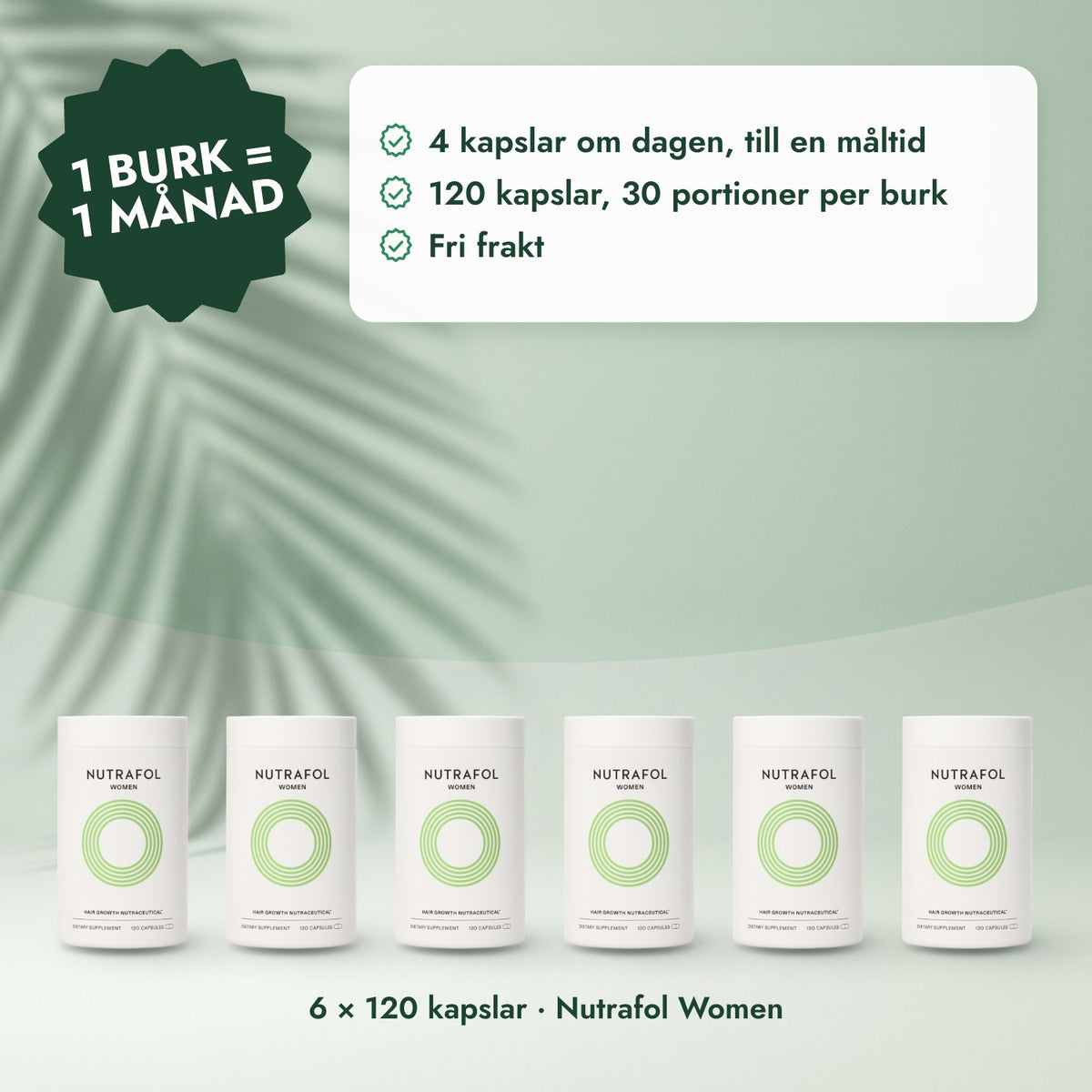6 × 120 kapslar · Nutrafol Women: 1 burk = 1 månad