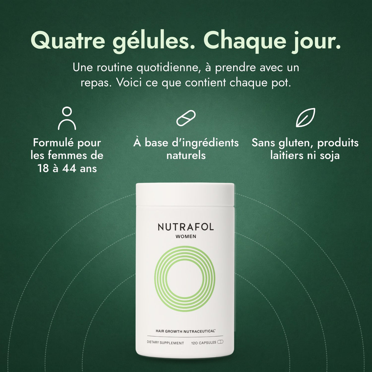Nutrafol Women: Quatre gélules. Chaque jour. Formulé pour les femmes de 18 à 44 ans, À base d'ingrédients naturels, Sans gluten, produits laitiers ni soja