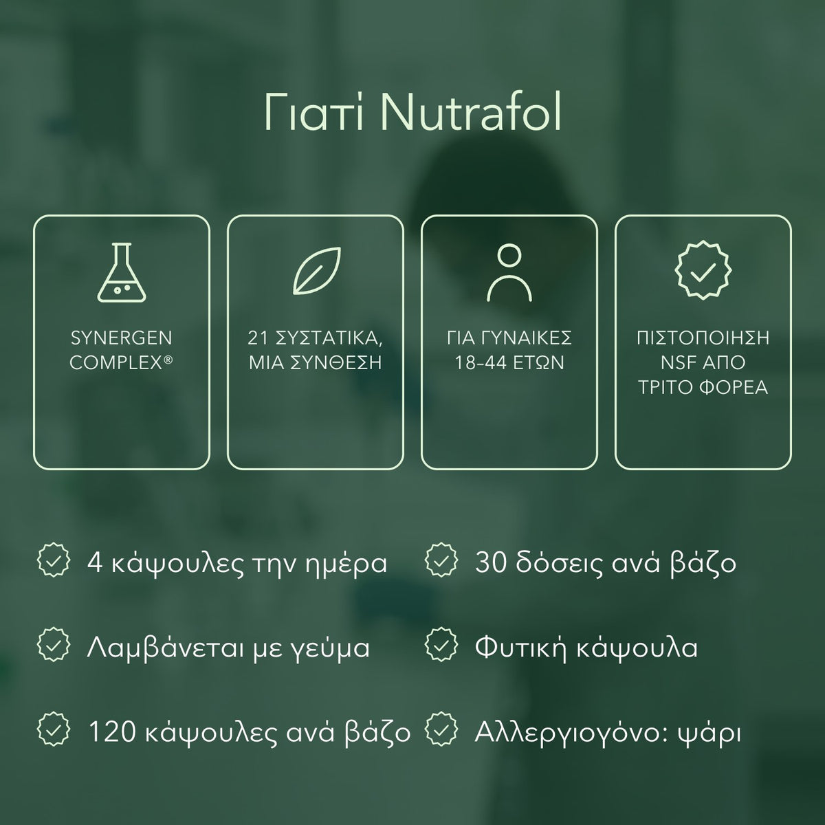 Γιατί Nutrafol: Synergen Complex®, 21 συστατικά, μία σύνθεση, Για γυναίκες 18–44 ετών, Πιστοποίηση NSF από τρίτο φορέα