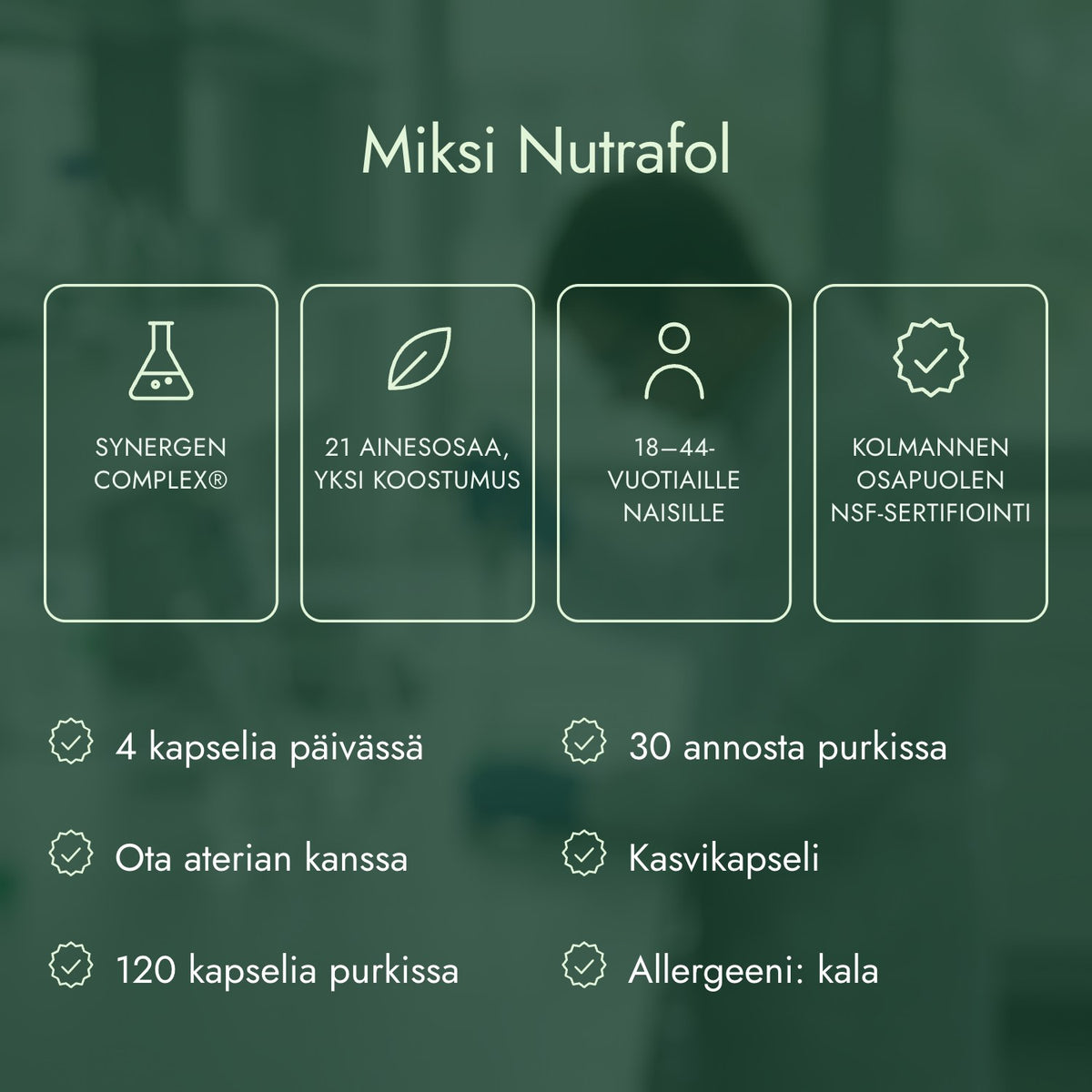 Miksi Nutrafol: Synergen Complex®, 21 ainesosaa, yksi koostumus, 18–44-vuotiaille naisille, Kolmannen osapuolen NSF-sertifiointi