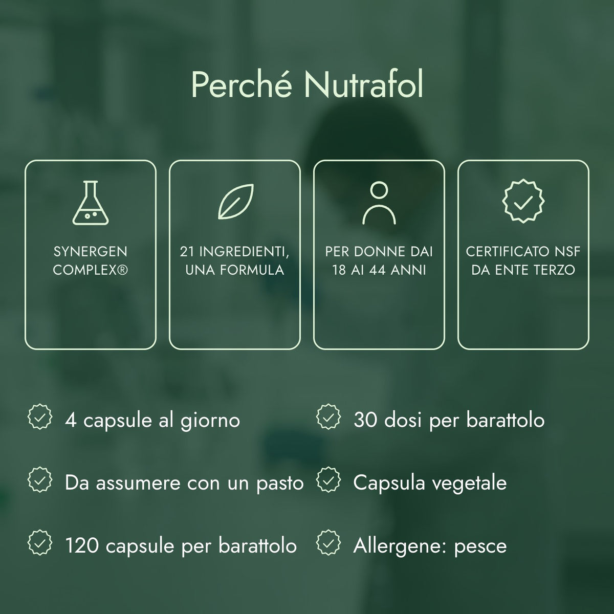 Perché Nutrafol: Synergen Complex®, 21 ingredienti, una formula, Per donne dai 18 ai 44 anni, Certificato NSF da ente terzo