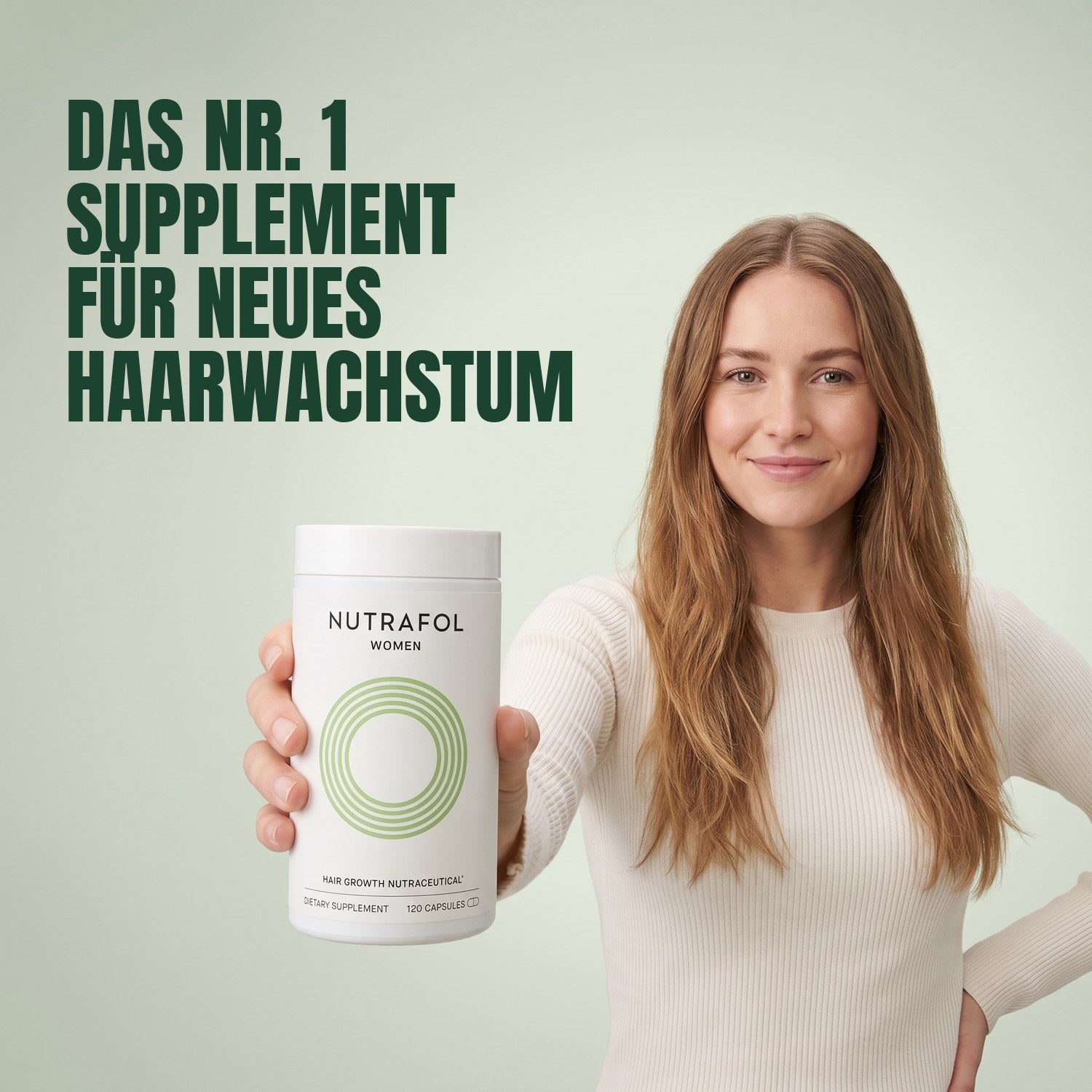 Woman holding Nutrafol for Women 18-44 against a green background