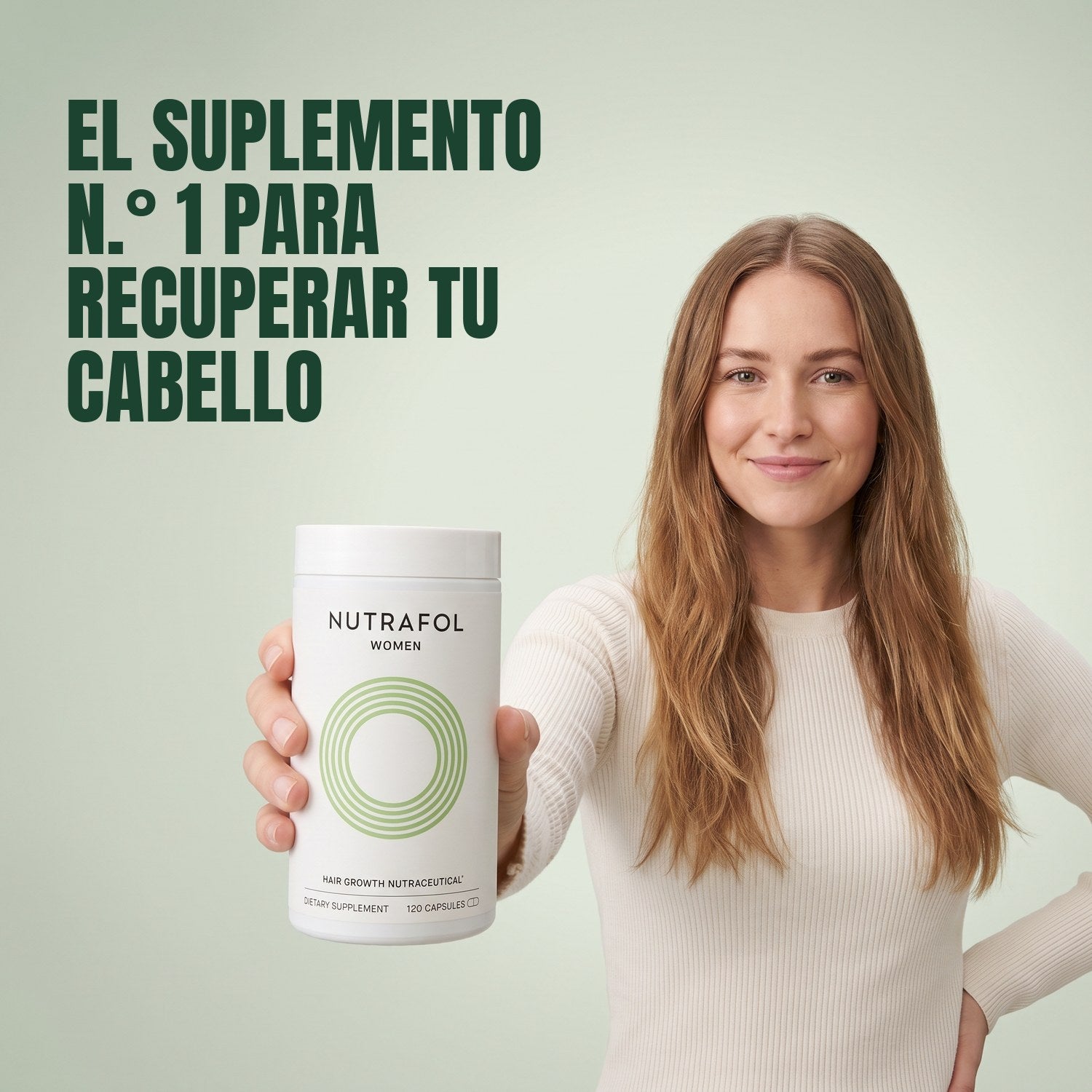 Woman holding Nutrafol for Women 18-44 against a green background