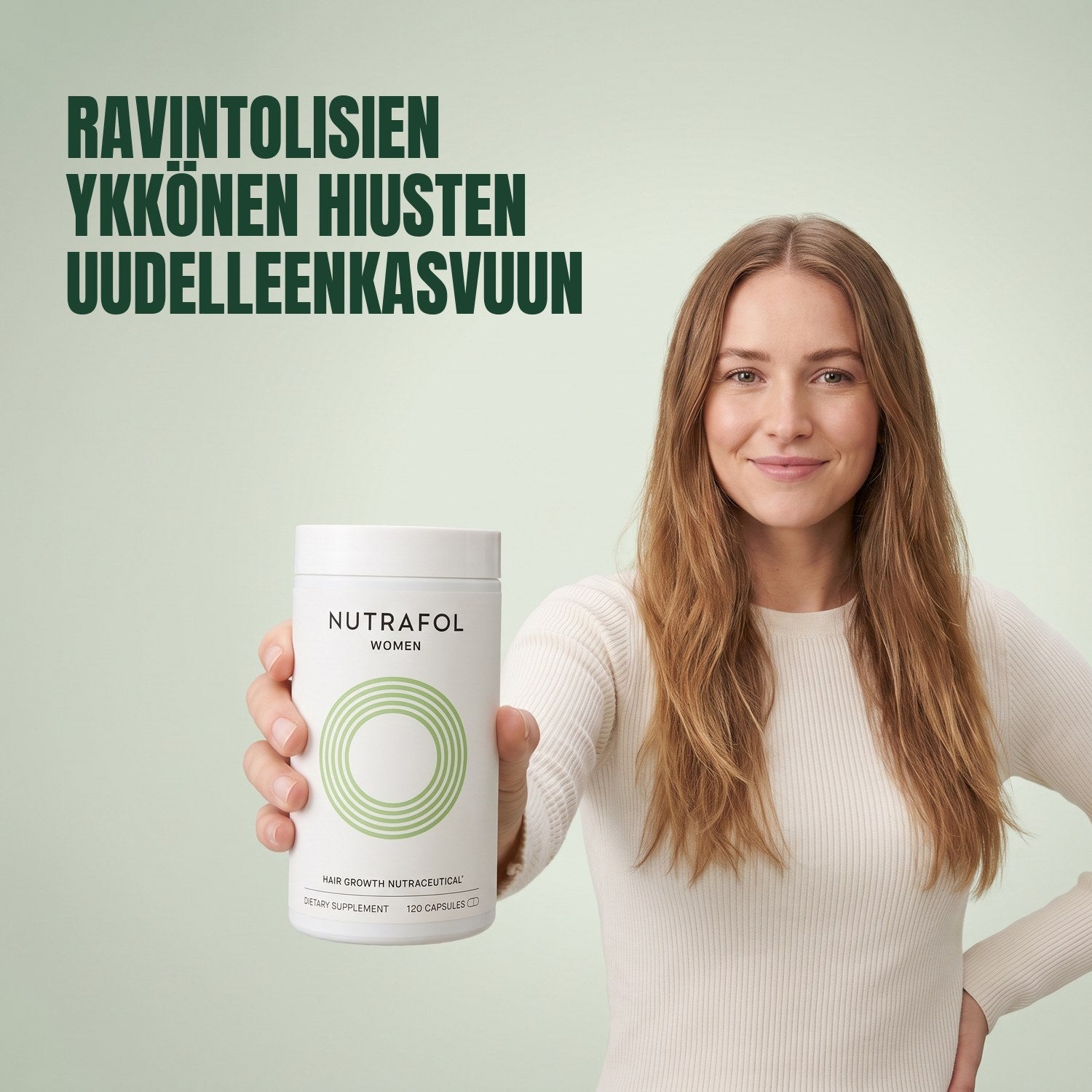 Nainen pitelee Nutrafol for Women 18-44 -tuotetta vihreää taustaa vasten