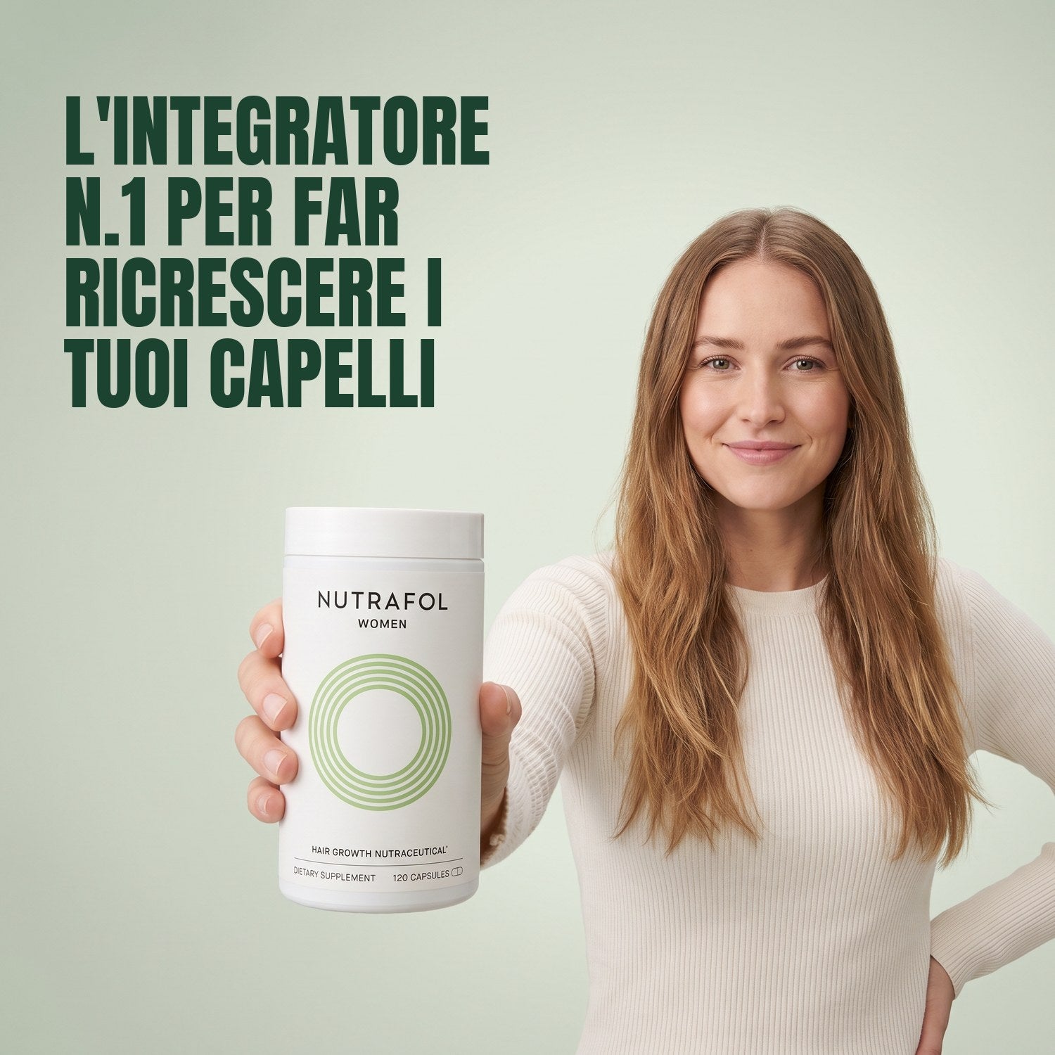 Woman holding Nutrafol for Women 18-44 against a green background